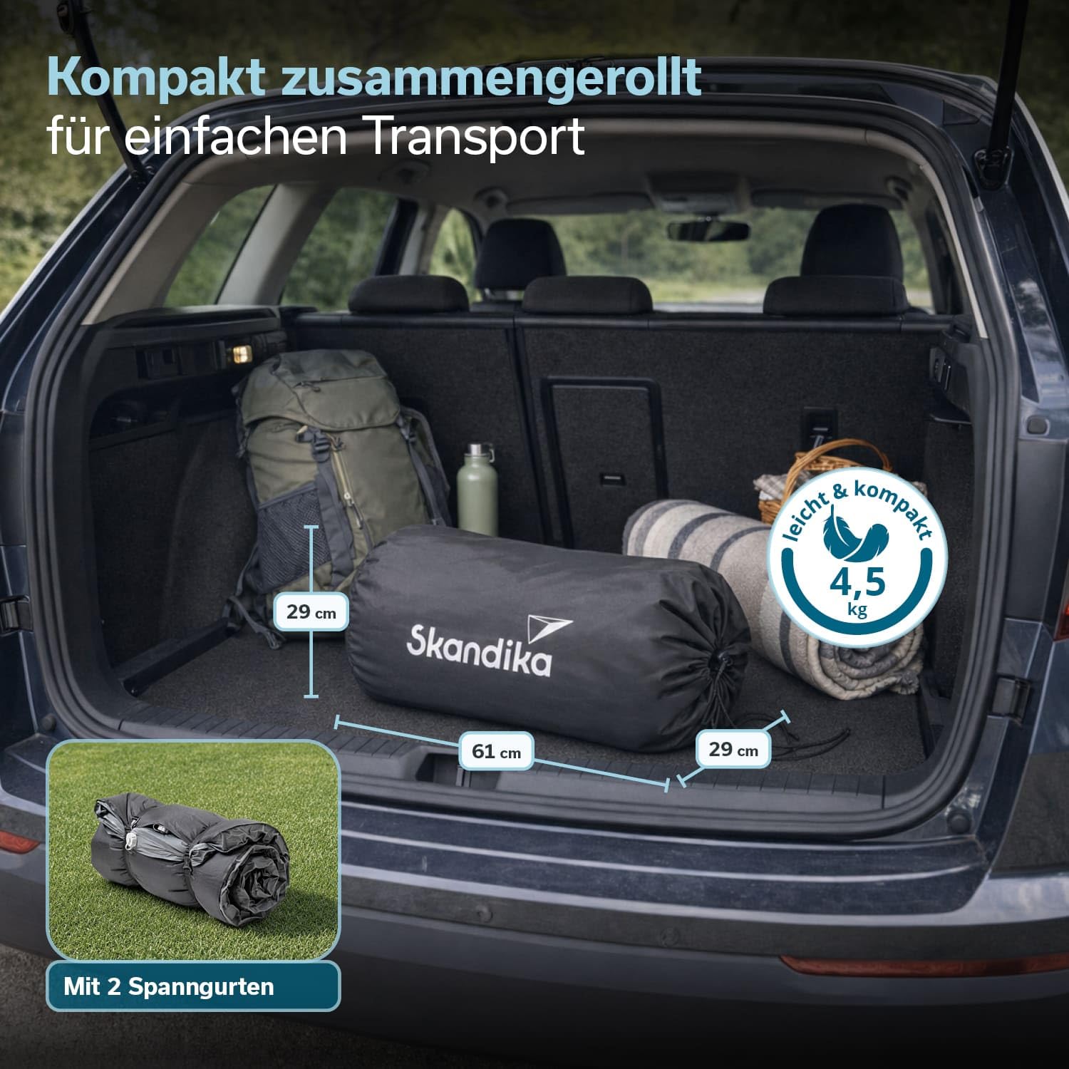 Skandika Karimata Easy 3D Premium Compact | materac dmuchany dla 2 osób, samopompująca, z workiem z pompką, wodoodporna, powierzchnia Softtouch, obciążenie do 300 kg, do aktywności na świeżym