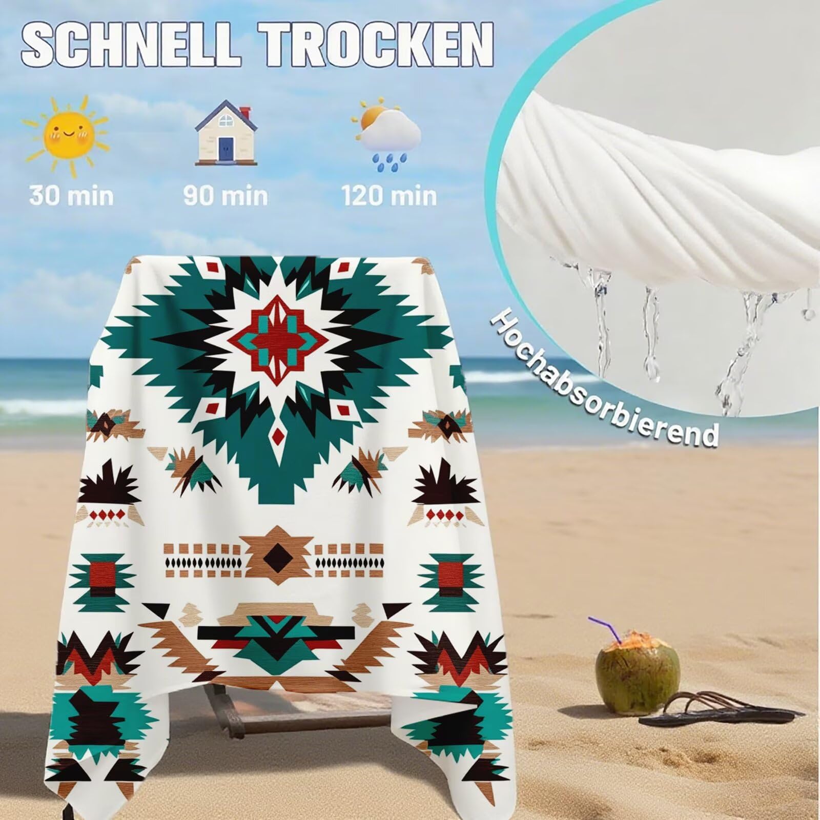 Serviette de Plage XXL 100x200 cm,Bohême Serviette Plage Microfibre avec Séchage Rapide, Anti-Sable, Absorbante Fonction Design pour Vacances Piscine Pique-Nique Voyages Yoga, Cadeau Femme Q-691
