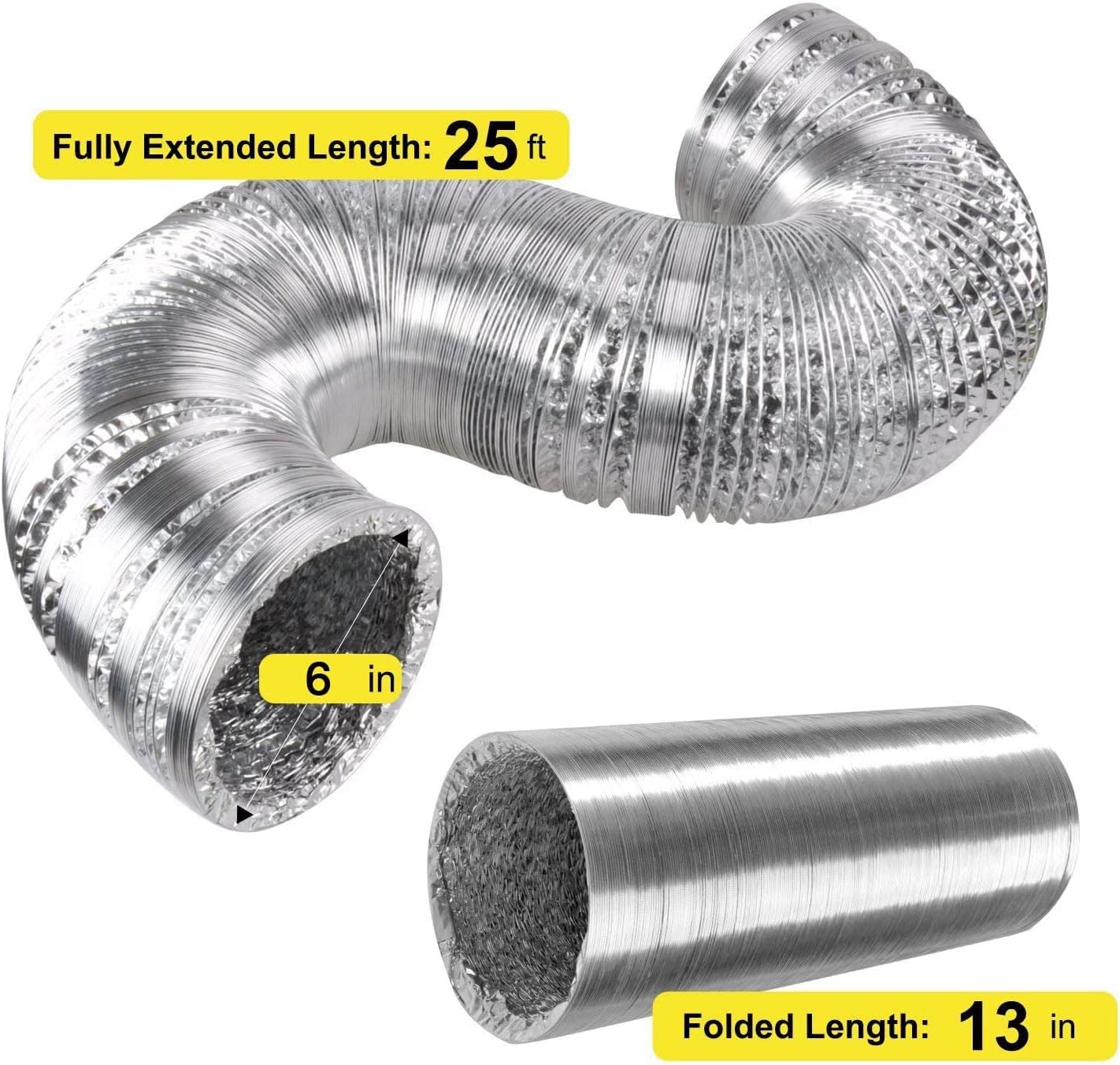 SunStream 6 Inch 25 FT Dryer Vent Hose Flexible Aluminum Ducting Dryer Vent Exhaust Duct Hose for HVAC Ventilation Include 2 Clamps
