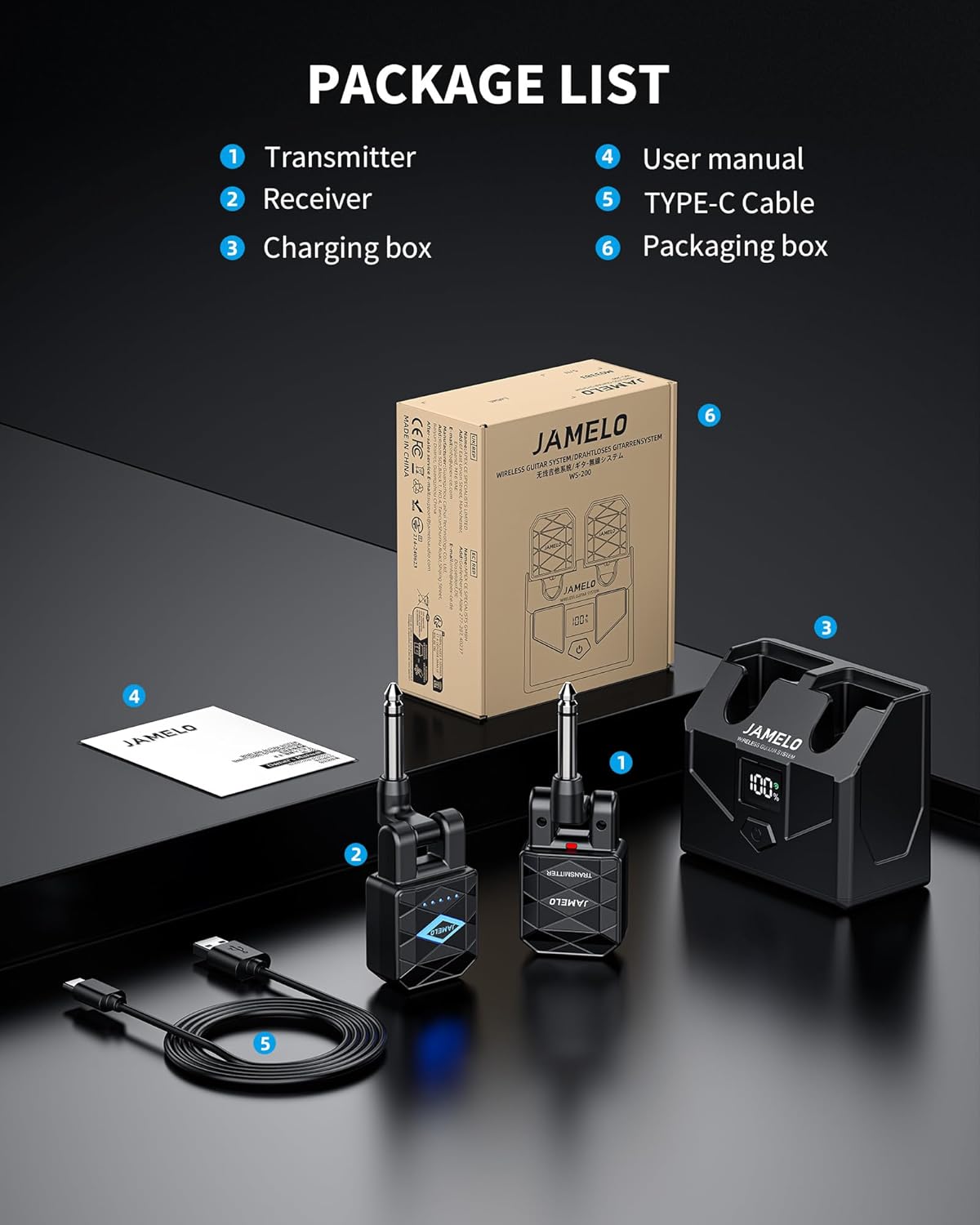 JAMELO Wireless Guitar System 2.4GHz Wireless Transmitter Receiver with Charging Box 4 Audio Channels for Guitar Bass Electric Instruments