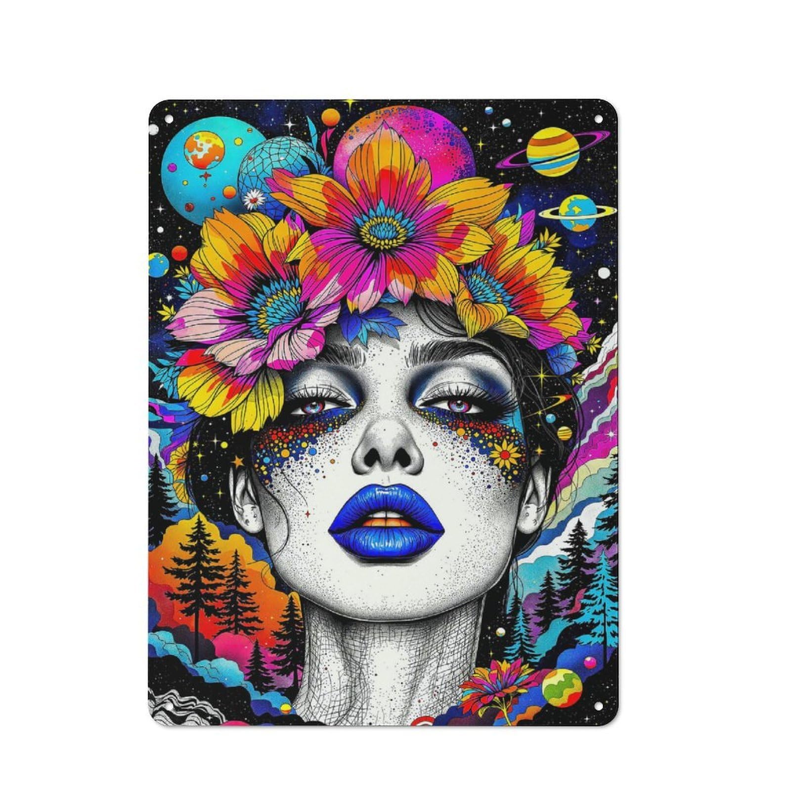 Junmoney Style-18 Woman With Floral Crown And Planets Metal Wall Plaque, Easy To Hang Plaque For Home Cafe, Breakfast Area Or Pantry Wall, 40X30cm