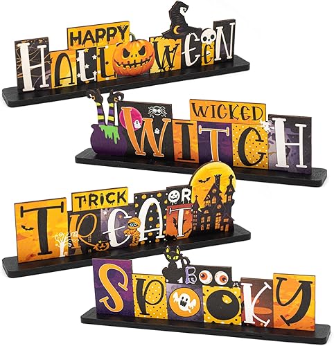 4 piezas de decoración de mesa de Halloween para el hogar, centro de mesa de calabaza, letrero de madera espeluznante con sombrero de bruja para