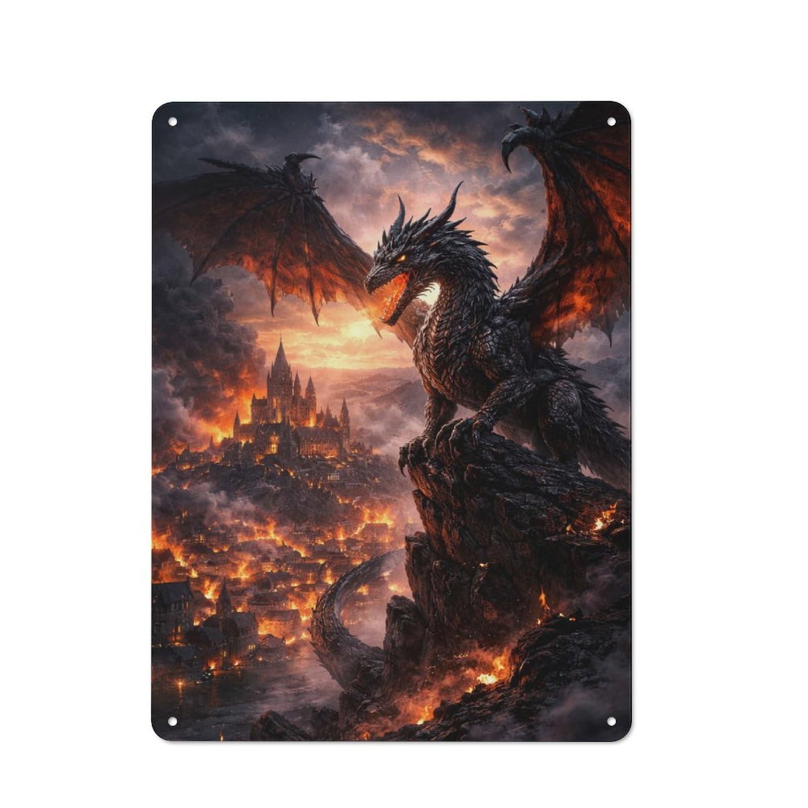 Junmoney Style-2 Workshop Style Dragon Over Burning City Tin Sign 40X30cm, Workshop Wall Decor For Tool Room, Garage, Studio Or Home Bar