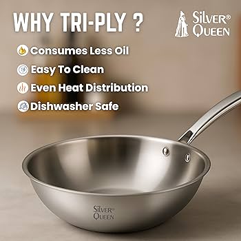 Silver Queen Triply Stainless Steel Wok/Chinese Kadai with Lid 26