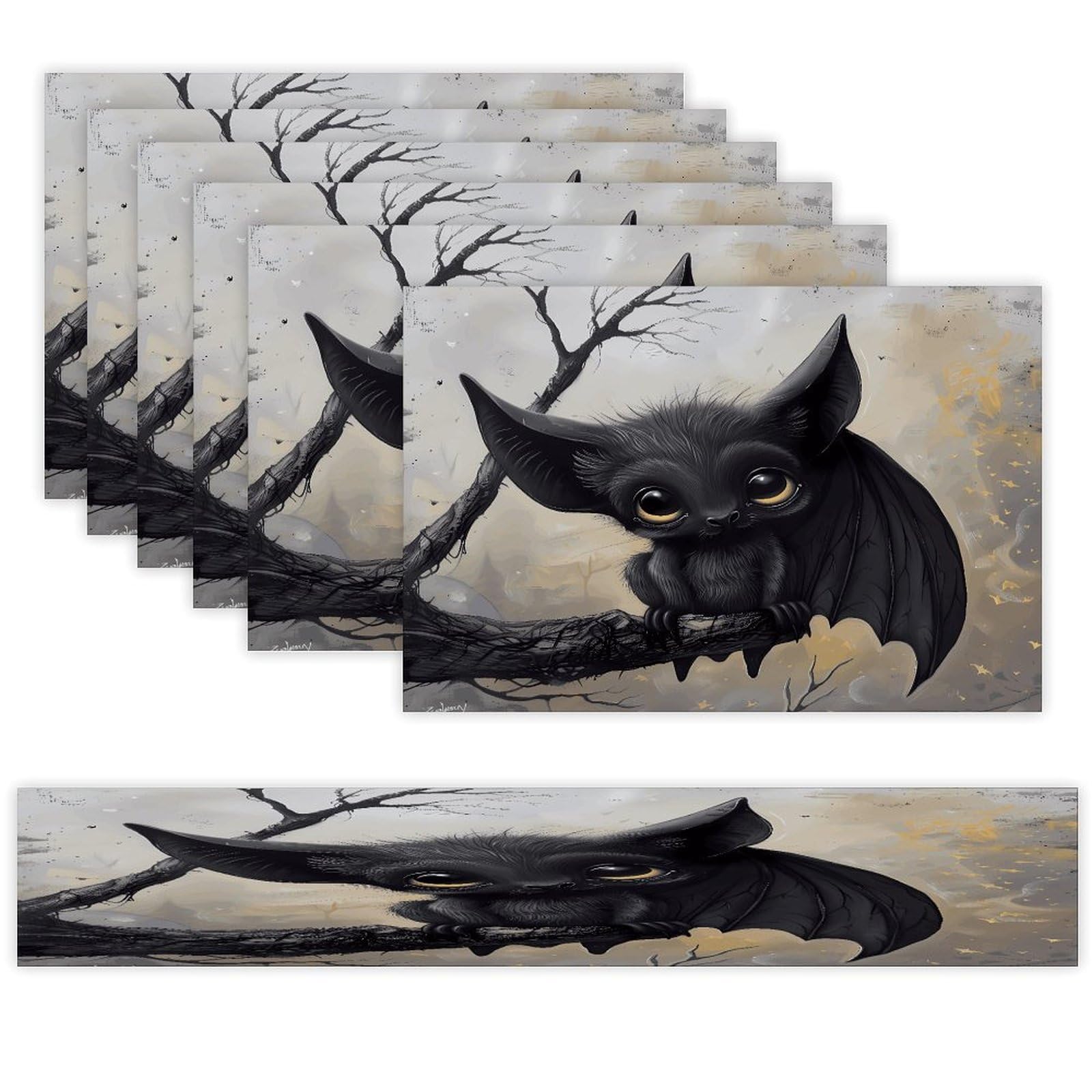 Bat Placemats Set of 7 Exquisite Linen Table Mat Seven Piece Set Includes 13"x71" Fashion Table Runner and 12"x18" Place Mat Decor for Kitchen Dining Room