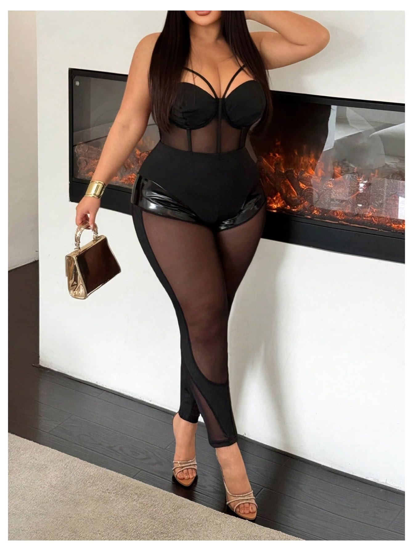 WDIRARA Women's Plus Size Mesh Sheer Bustier Cami Bodysuit Sleeveless Corset Bodysuit: XX-Large Plus Black