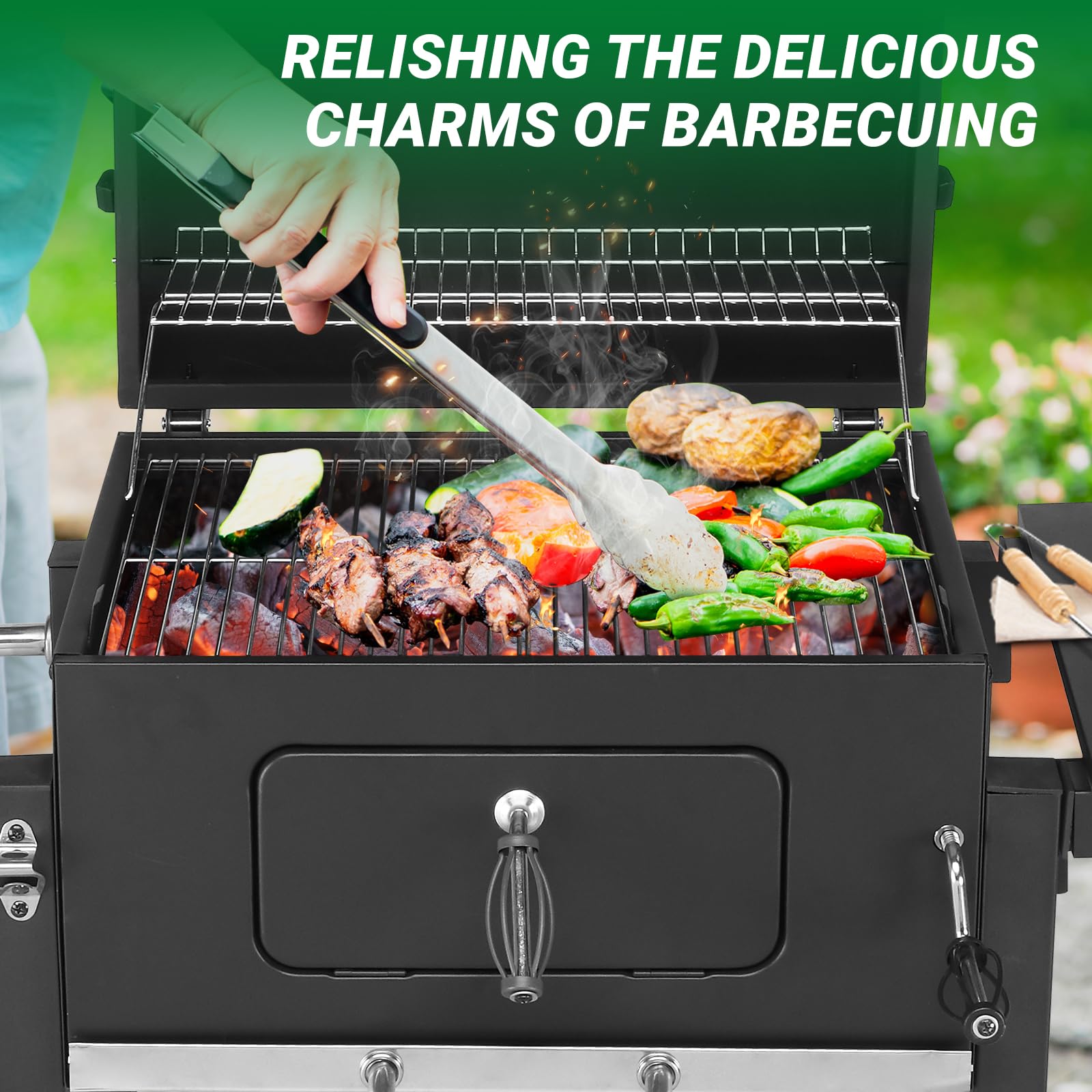 ROVSUN Parrilla de carbón con mesas auxiliares, gran área de cocción, bandejas de carbón de elevación individuales, bandeja de ceniza extraíble, parrilla de barbacoa para exteriores, picnic, patio