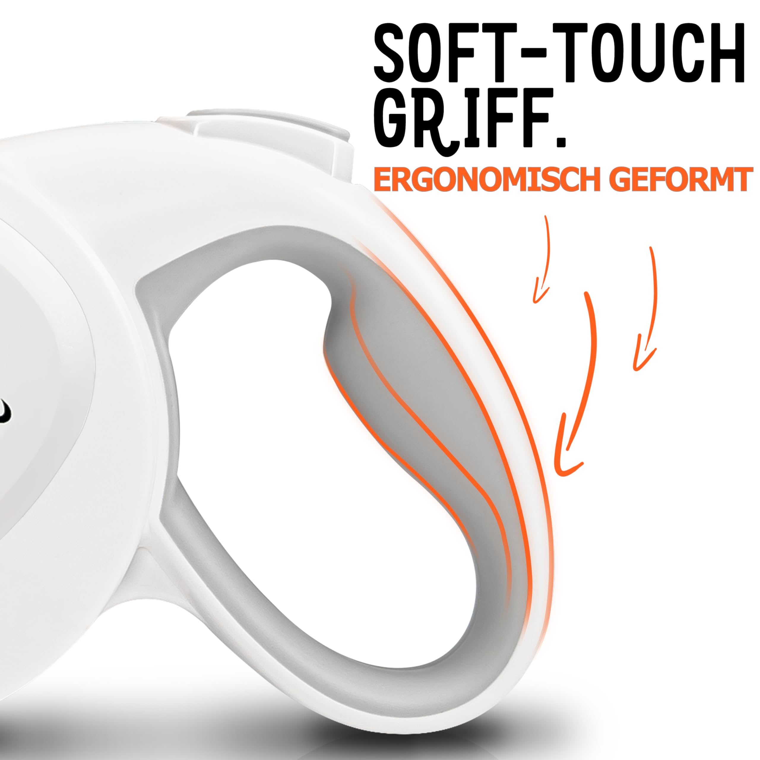 8m Lange Hundeleine für Hunde bis 50kg, Flexible Rollleine Neon-Orange Leuchtender Reflektor-Gurt mit 360° Karabinerhaken Metall, Ergonomischer Griff Grau Gummiert & Einzugs-Bremse, Weiß