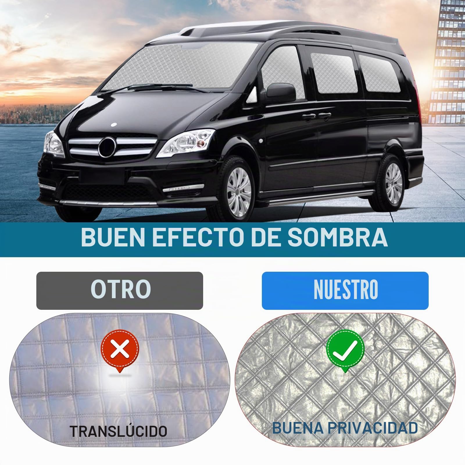 8 piezas de alfombrilla térmica interna para auto, compatible con VITO II W639/Viano 2003-2014 SWB L2, parasol para parabrisas delantero, juego de persianas térmicas oscuras, alfombrilla