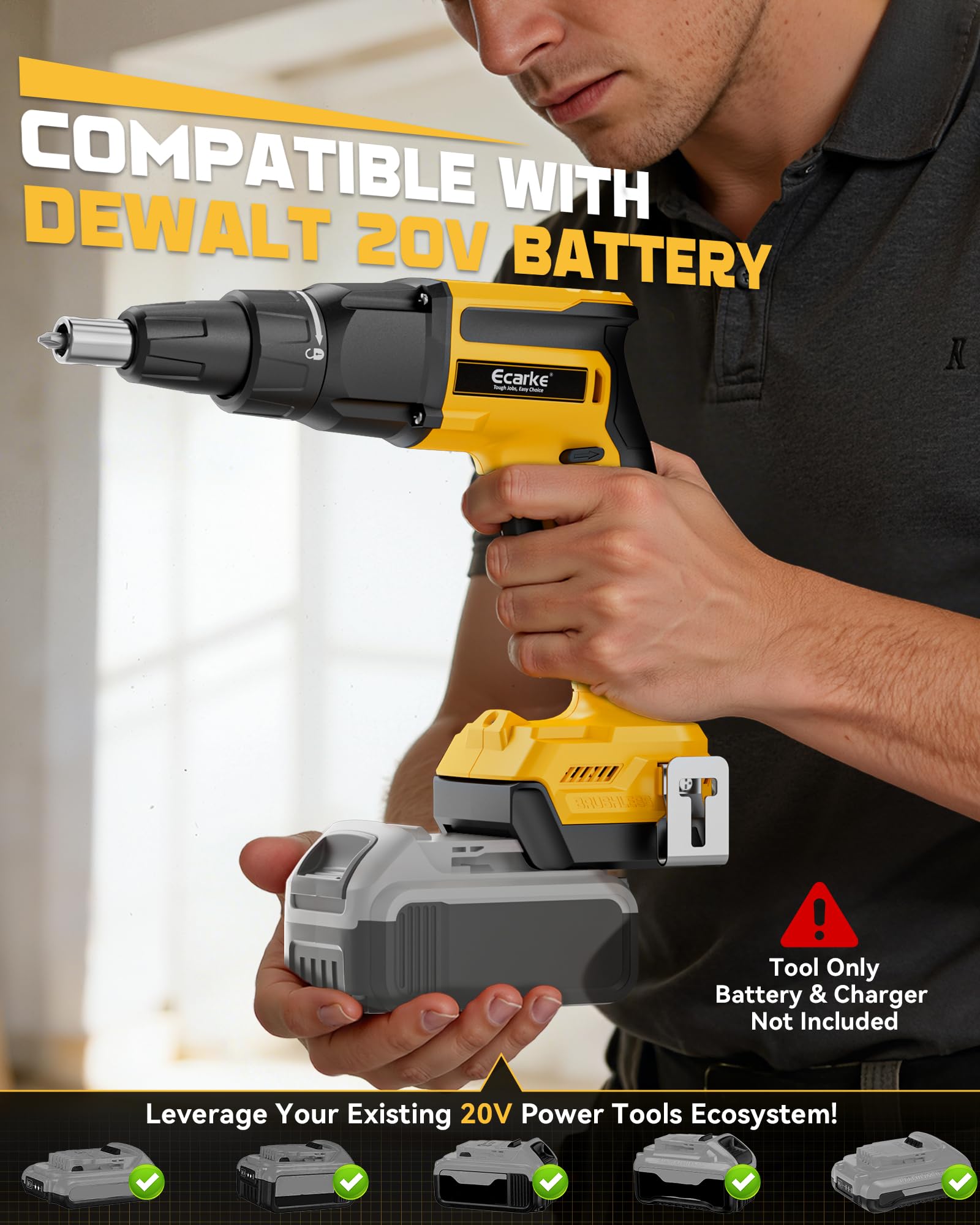 Ecarke Pistola de tornillo para paneles de yeso compatible con la batería DeWalt de 20 V, destornillador rápido de 6000 rpm, destornillador inalámbrico sin escobillas con clip de cinturón, luz LED