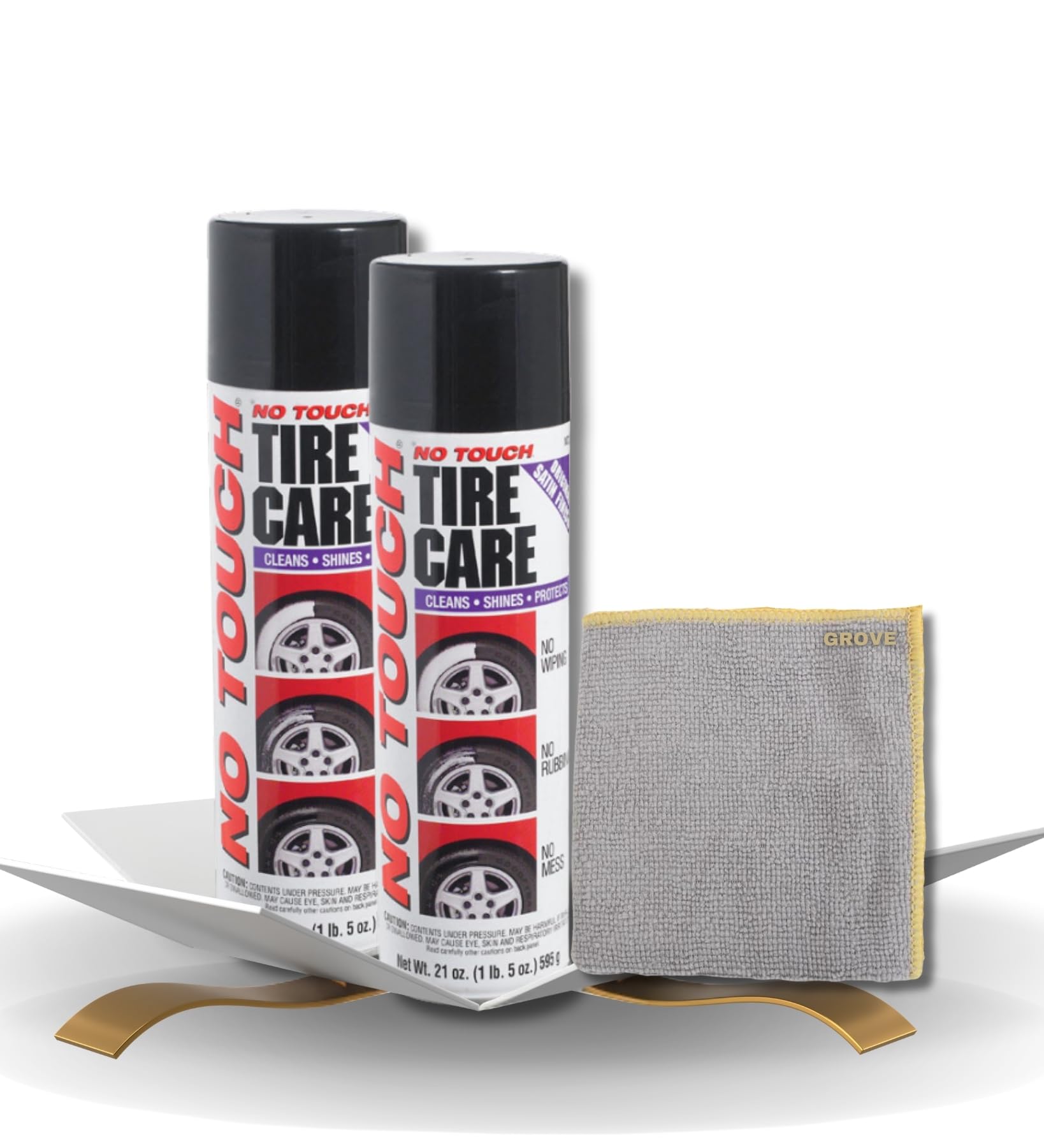 No Touch Tire Care Spray 21 oz Bundle with Microfiber Cloth - Satin Finish Tire Shine and Protector to Prevent Cracking, Discoloration, and Repel Dirt and Moisture - Tire Cleaner Spray - (3 Items)