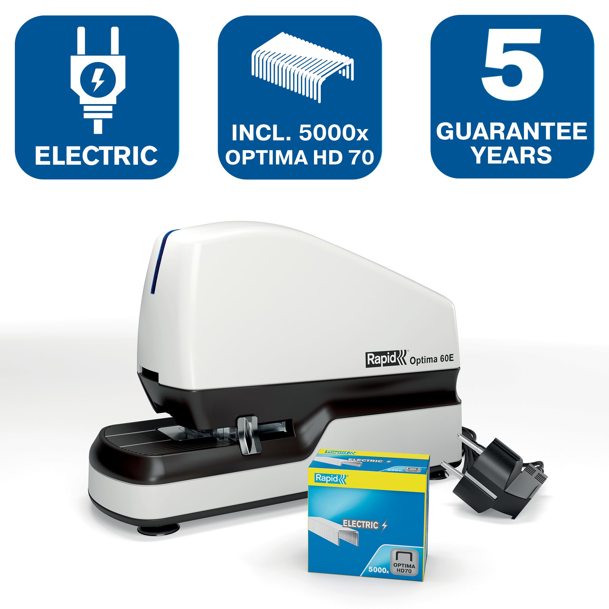 Rapid 2102355 - Grapadora Eléctrica Contactless Optima 60E, Grapadora Automática Profesional para Oficina, Diseño Resistente, 5.000 Grapas Incluidas, Blanca, 60 Hojas