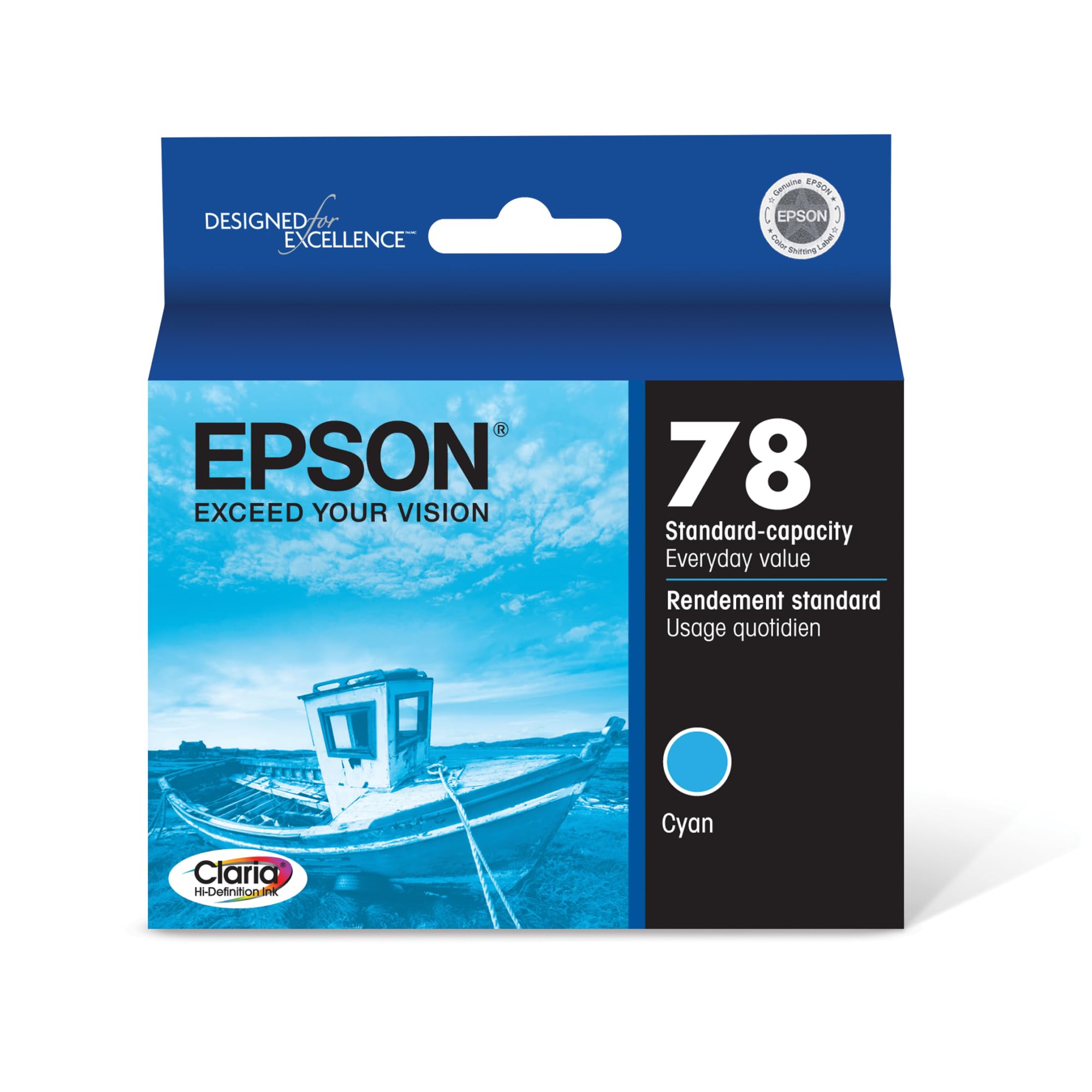 Epson78 Claria Hi-Definition Ink Standard Capacity Cyan Cartridge (T078220) Works with Artisan 50, Photo R260, R280, R380, RX580, RX595, RX680