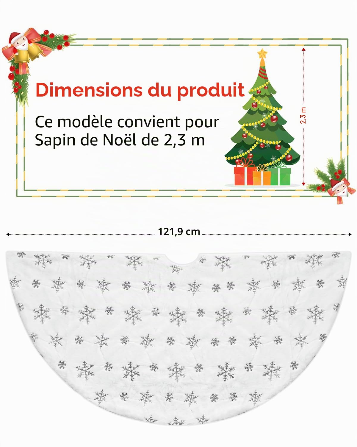 COOLWUFAN 48 inches/120cm Jupe de Sapin de Noël pour Arbre de Noël Décorations de Fête de Vacances Blanc en Peluche Argent Sequin Flocon de Neige