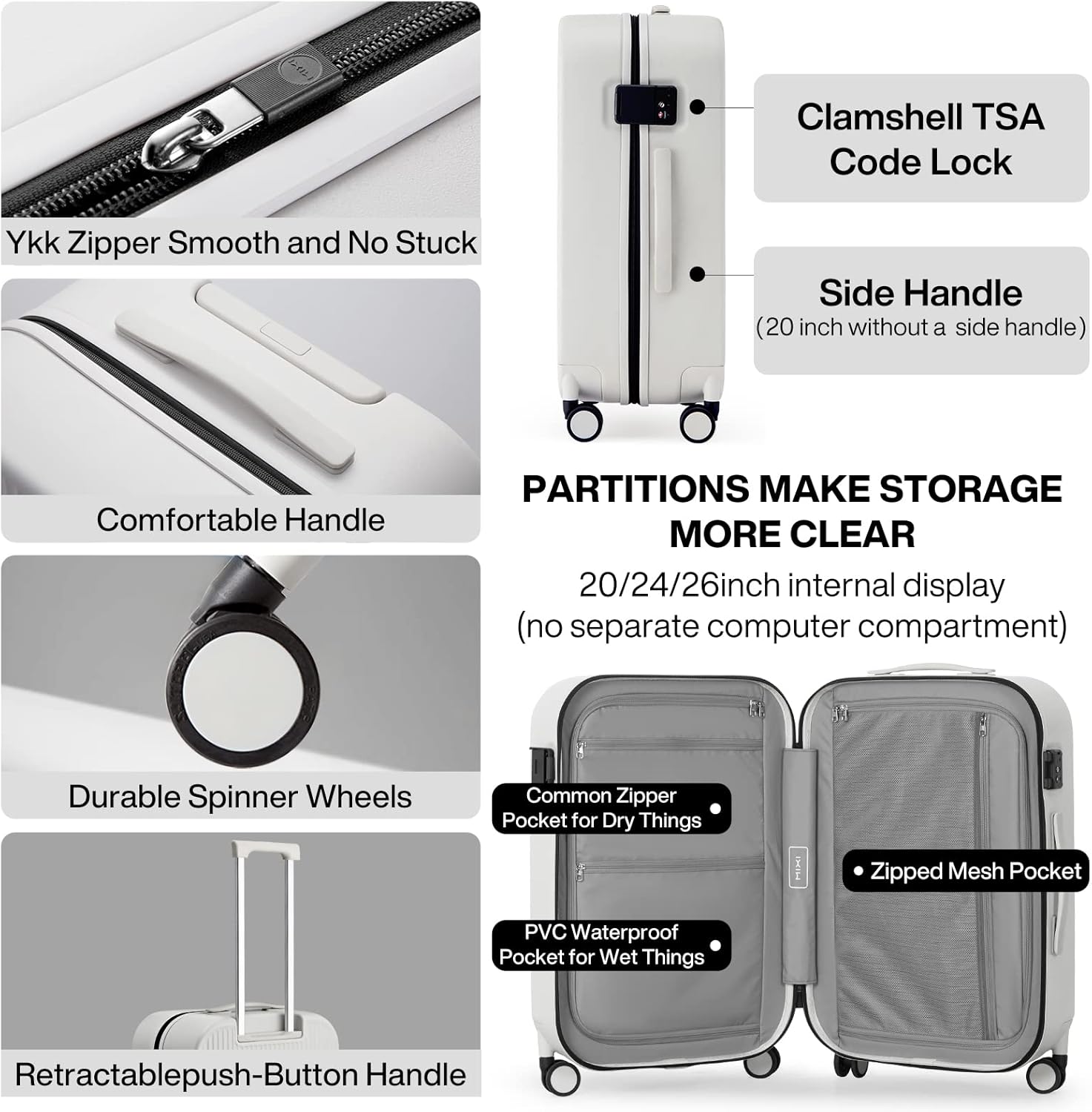 review Mixi Carry On Luggage 20'' Suitcase with Spinner Wheels Hardshell Lightweight Rolling Suitcases PC with Cover & TSA Lock for Business Travel, Smoke White
