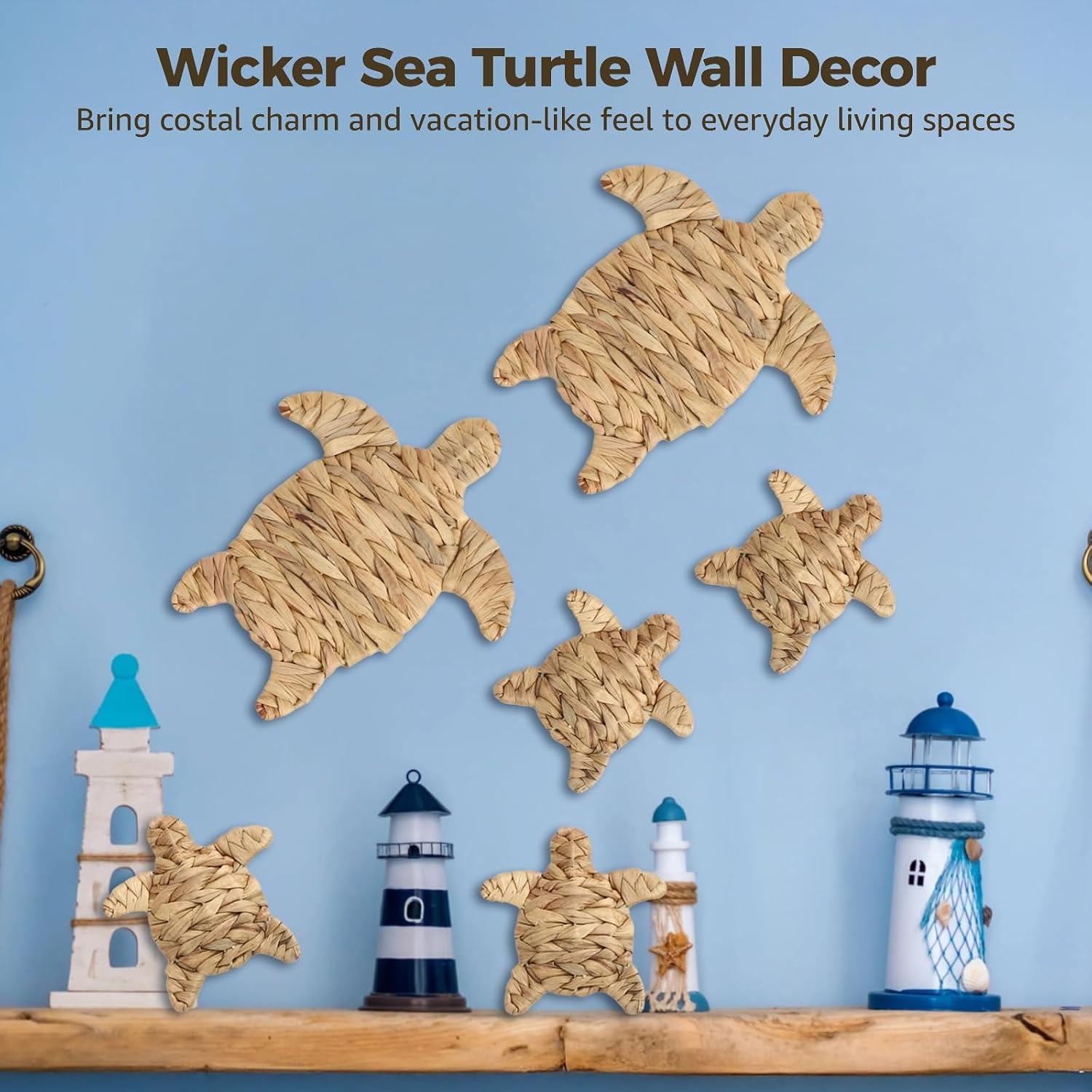 yeeplant 2 Sizes Wicker Sea Turtle Wall Decor, 6 Pcs Rattan Art, Coastal Style For Beach Theme Rooms, Nautical Hanging