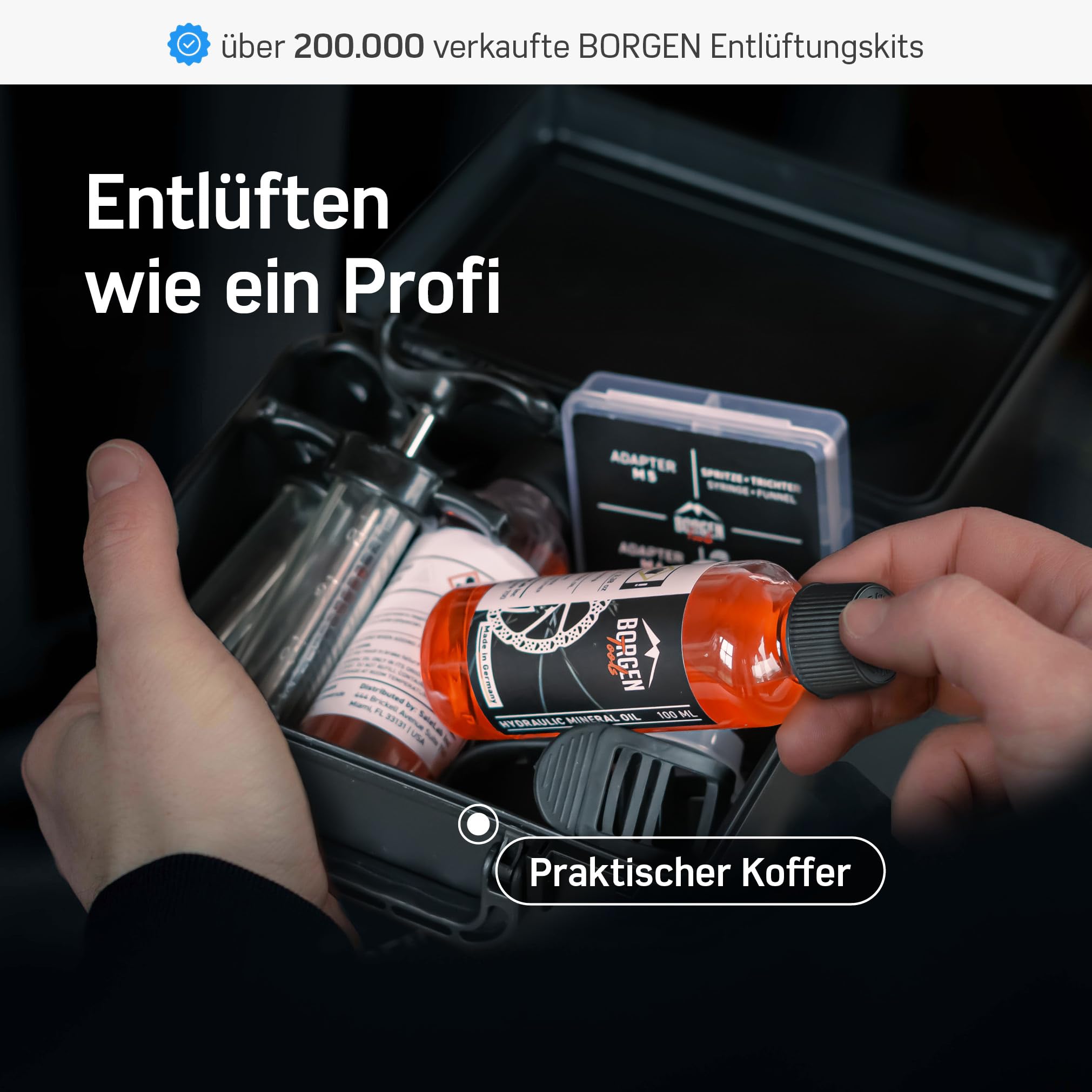 Borgen Entlüftungsset PRO für Shimano, Tektro und TRP Scheibenbremse Fahrrad - Entlüftungskit mit Anleitung, inkl 2X Mineralöl Bremsflüssigkeit, Brake Bleed Kit, Bremsen Entlüftungsset Fahrrad
