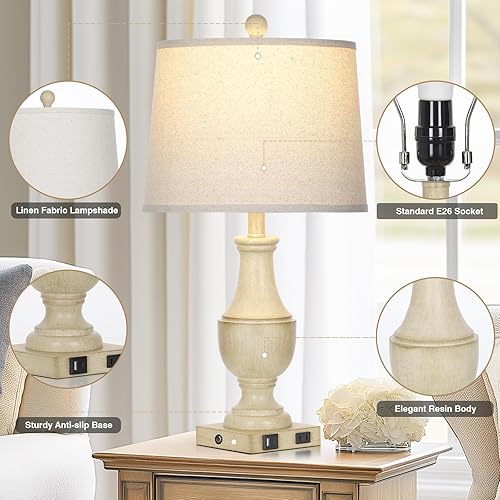 Miniatura 2 de Juego de 2 lámparas de granja, vintage, rústicas, de 3 vías, regulables, con control táctil, con puertos de carga USB A+C y salida de CA, lámpara de