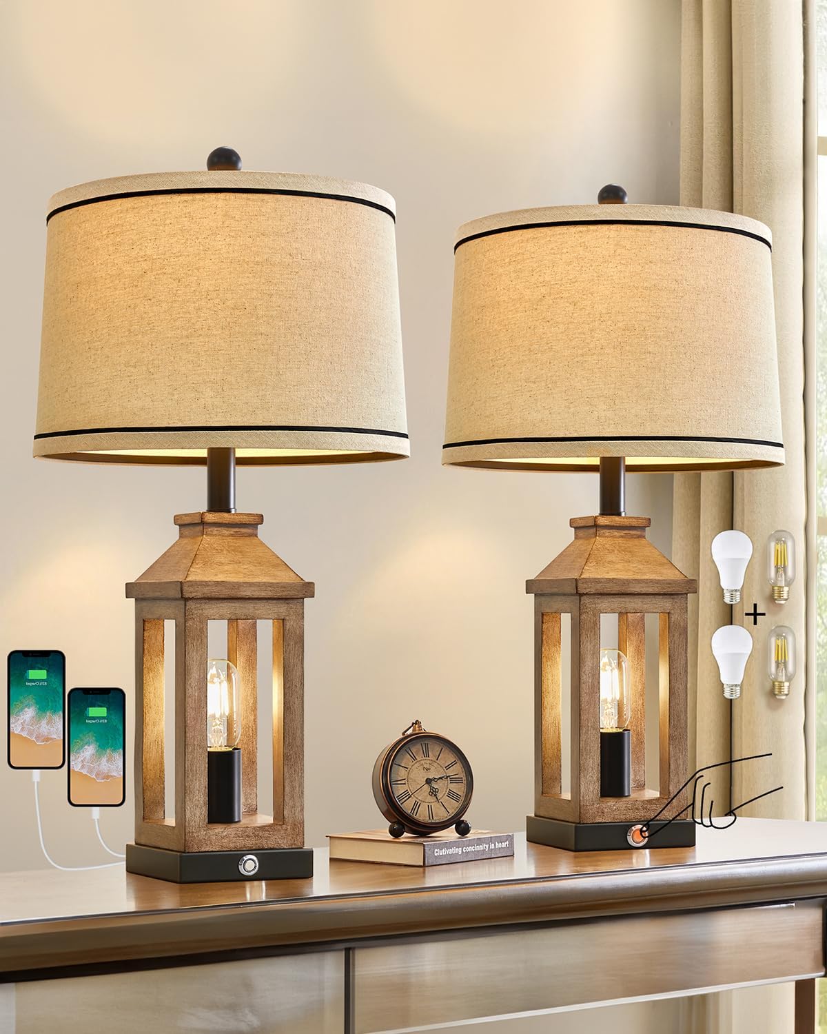 23.75" Farmhouse Dual USB Charging Ports 3-Way Dimmable Touch Control Table Lamp with Nightlight Vintage Modern Lamps for Living Room Bedroom Wood - Set of Two
