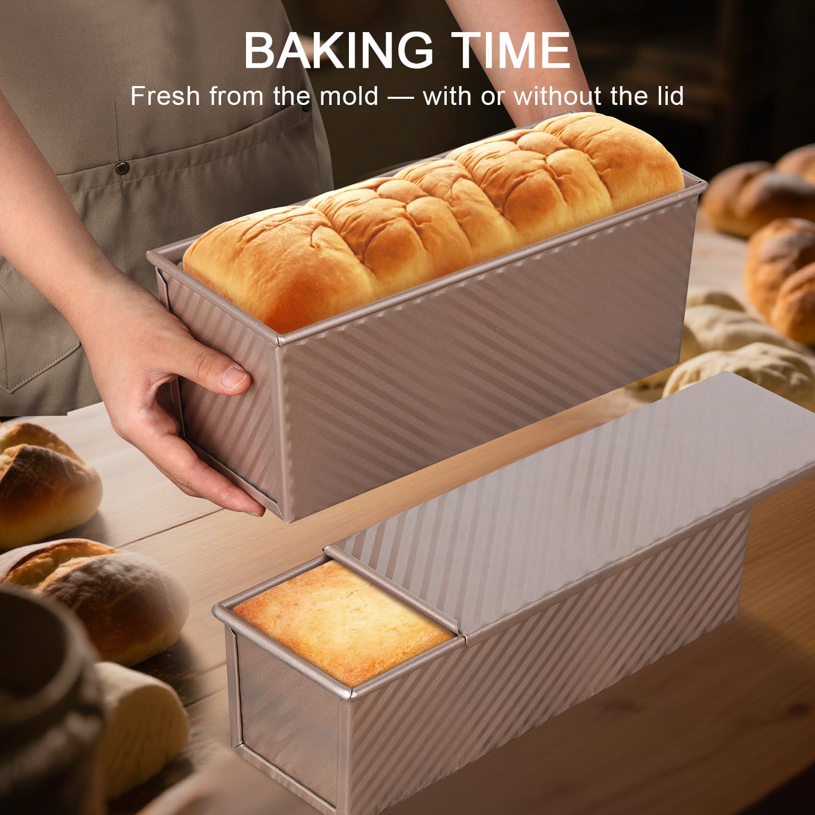 VINATO Stampo per Pane in Cassetta, (32x12x11,5 cm) Grande Capacità, per 1000 g di Impasto, Acciaio al Carbonio con Coperchio Antiaderente, Teglia per Pane Tostato Plumcake, e Panificazione