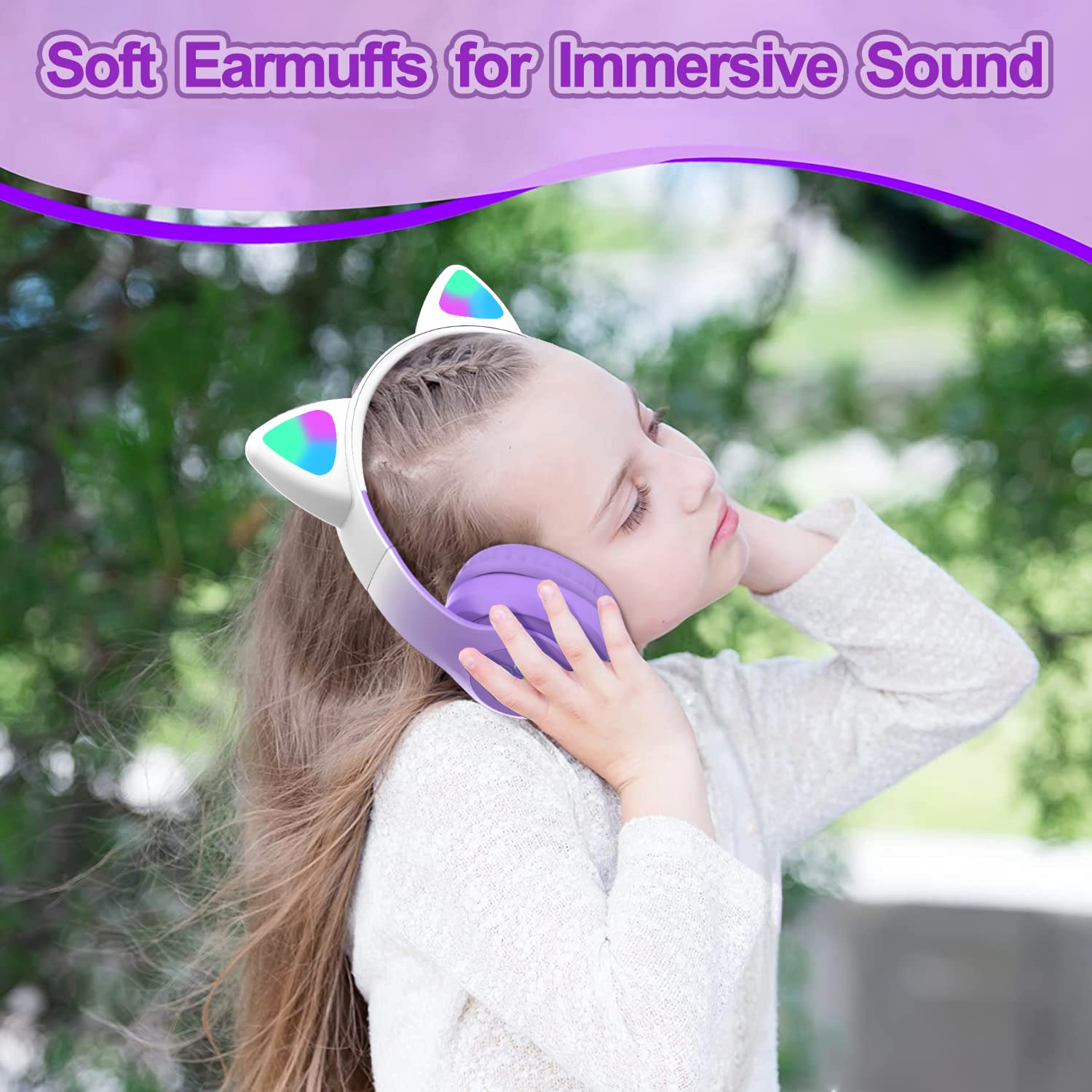 Auriculares inalámbricos Bluetooth con micrófono para niños, adolescentes y adultos (Pro-Morado) | Auriculares con orejas de gato para niñas, adolescentes y adultos