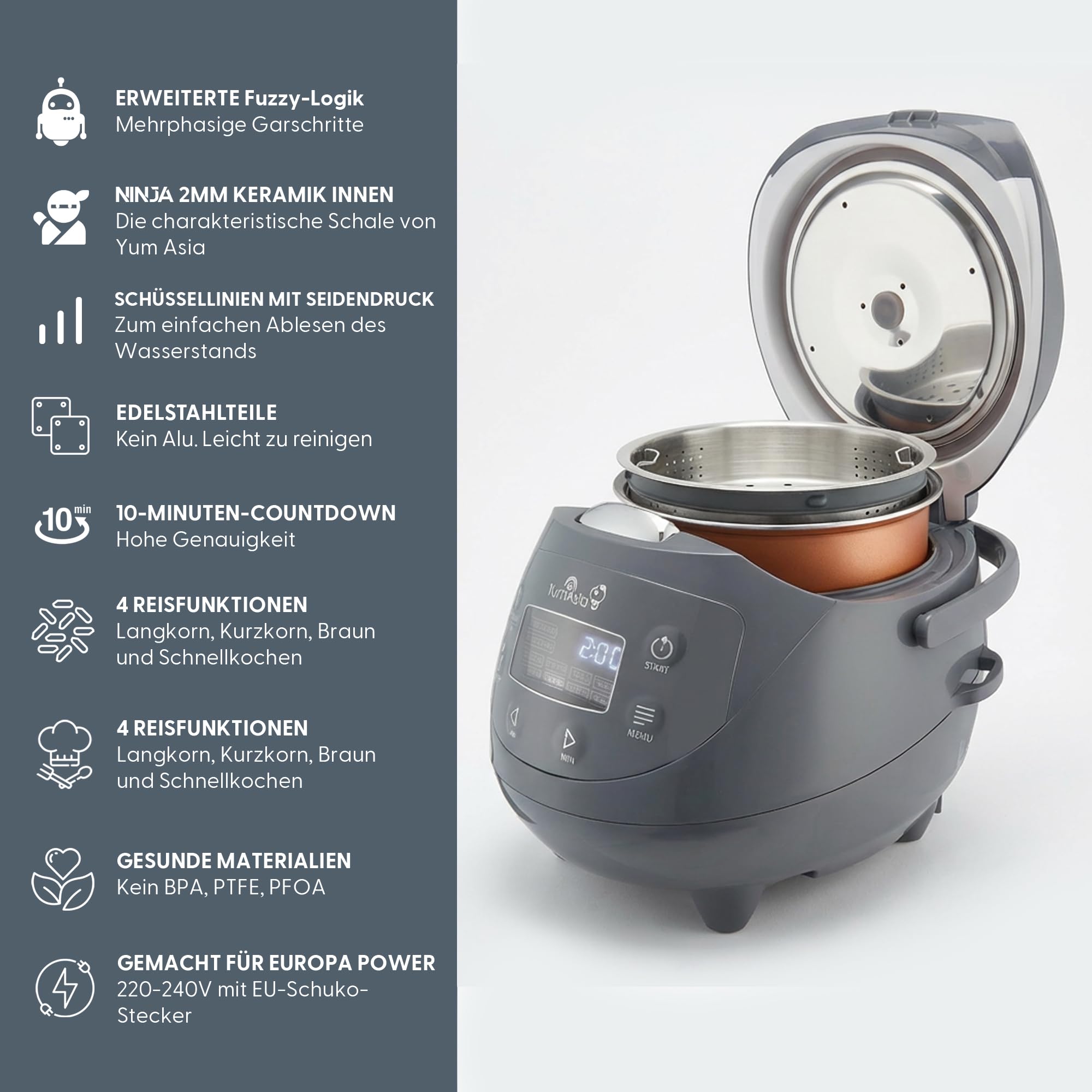 Yum Asia Panda Mini-Reiskocher mit Ninja-Keramikschüssel und Advanced Fuzzy Logic (3,5 Tassen, 0,63 Liter) 4 Reisfunktionen, 4 Multicooker-Funktion, 220–240V (Cobalt Grey)