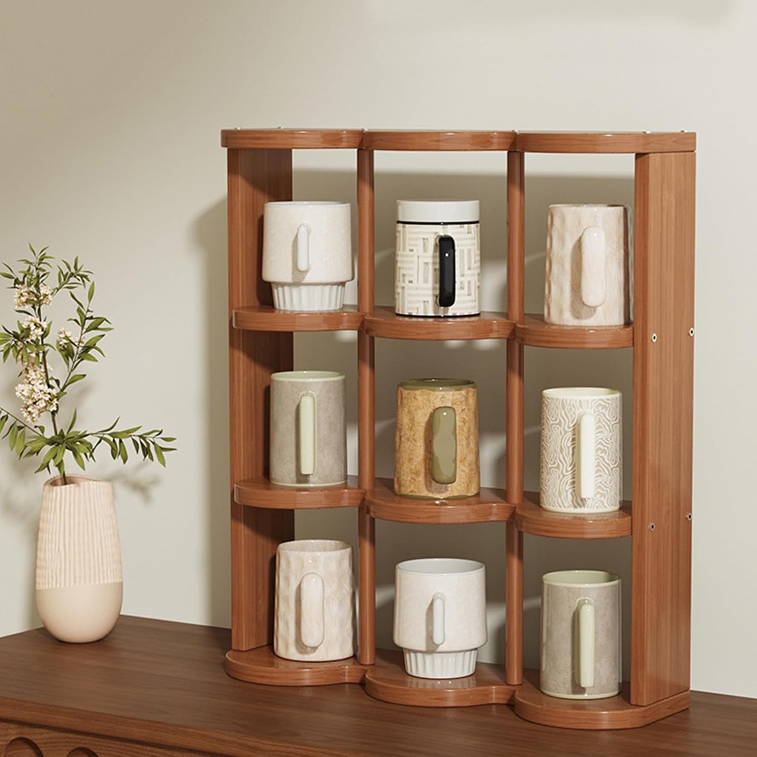 Wooden Coffee Mug Display Rack, Freestanding Grid Vintage Coffee Cup Display Stand, Rustic Coffee Mug Holder Organizer for Kitchen, Coffee Station,12 Grid