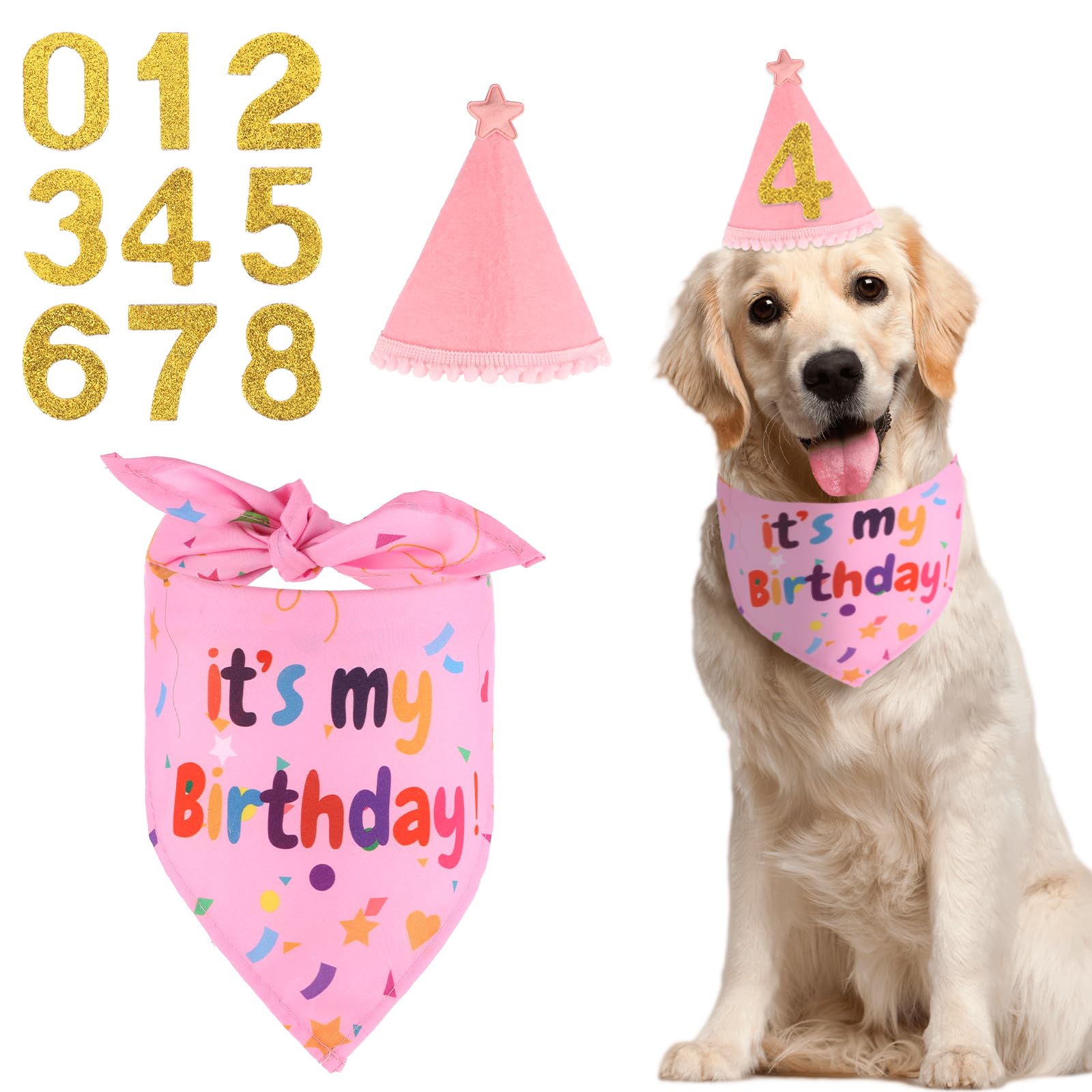 Dog Birthday Hat Pink Dogs Birthday Gift Outfit Adjustable Puppy Parties Bandana Set with Gold Number for Boys