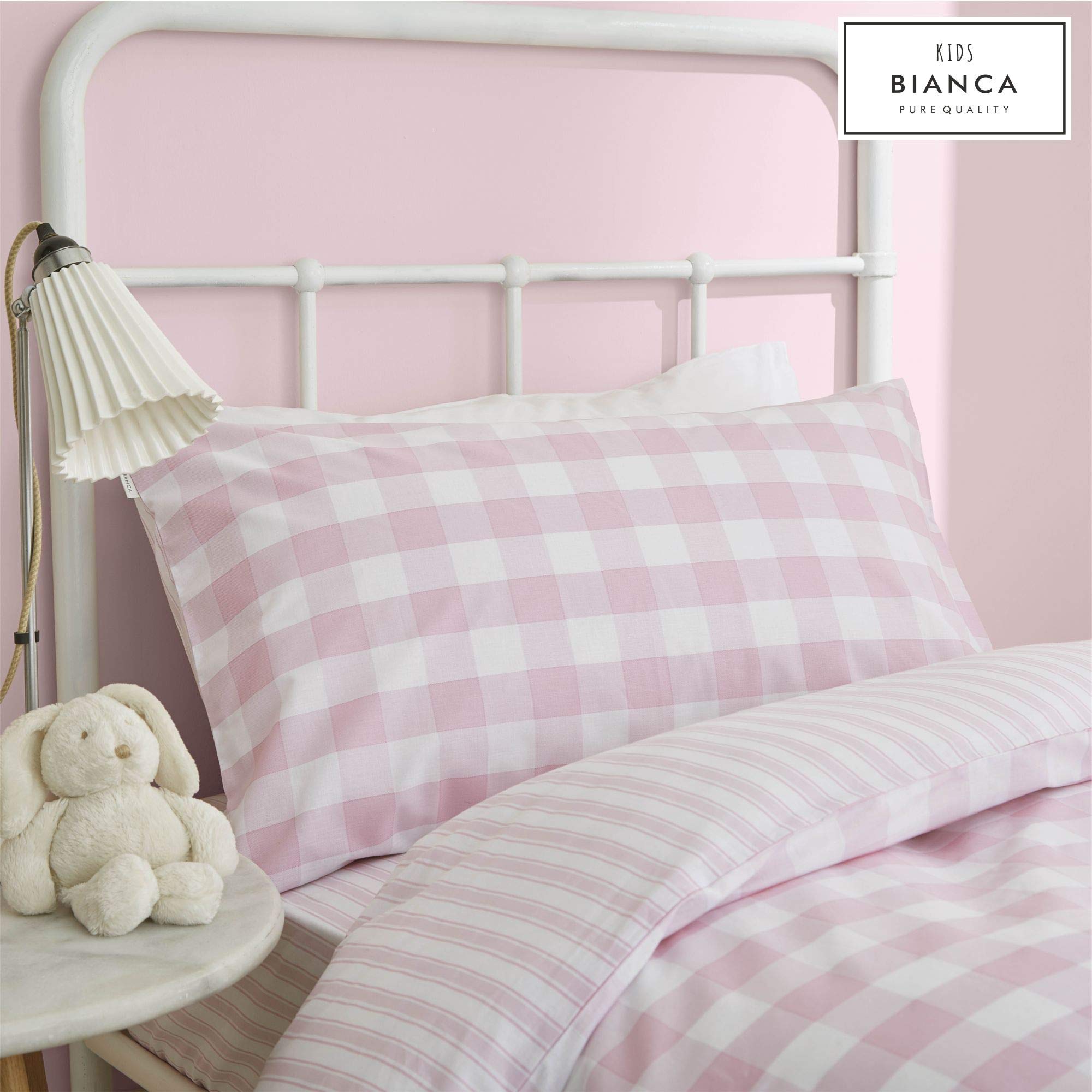 Bianca - Set copripiumino matrimoniale, motivo a quadri e strisce, in cotone, rosa