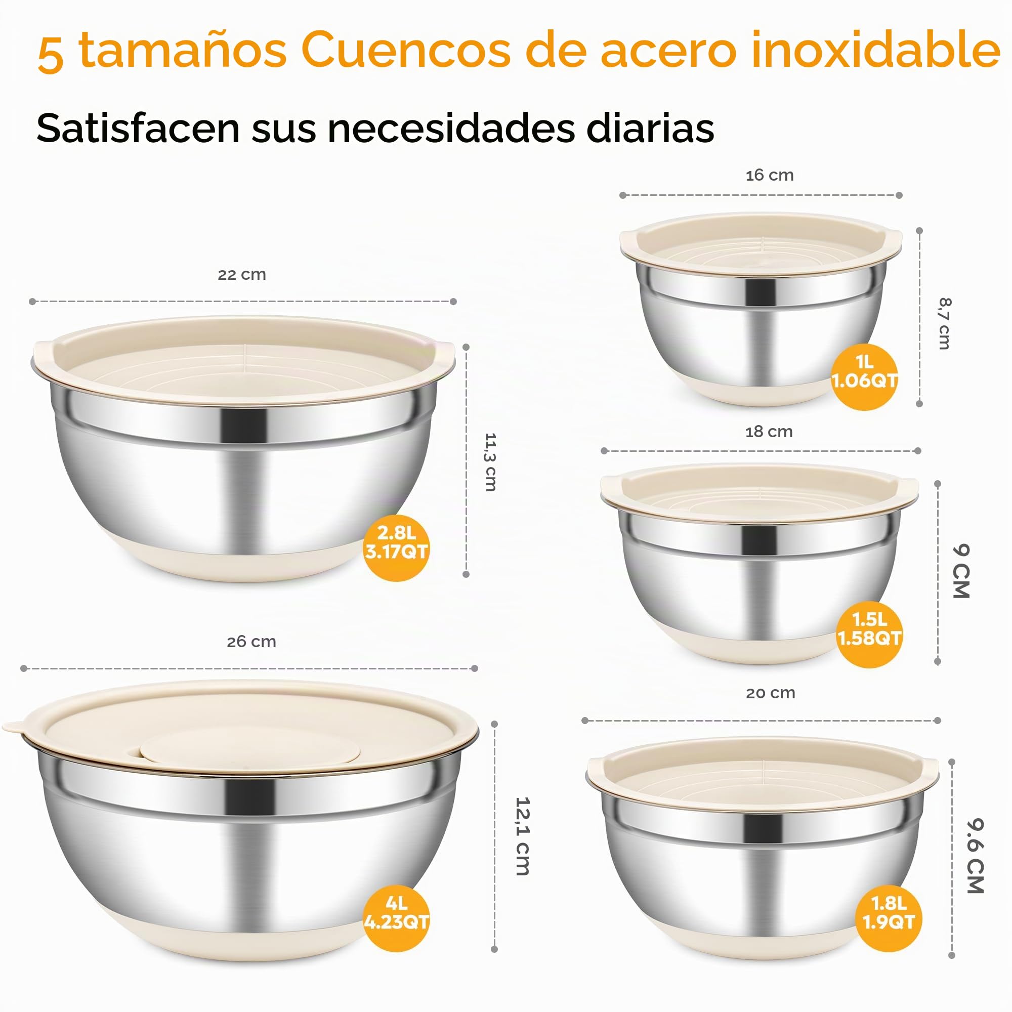 Fire More Ensaladera Acero Inoxidable 5 Piezas con Tapa, 3 Ralladores | Bol acero Inoxidable 4L/2,8L/1,8L/1,5L/1L, Apilables, Base Antideslizante, Preparar Ensaladas, Mezclar Ingredientes, Servir