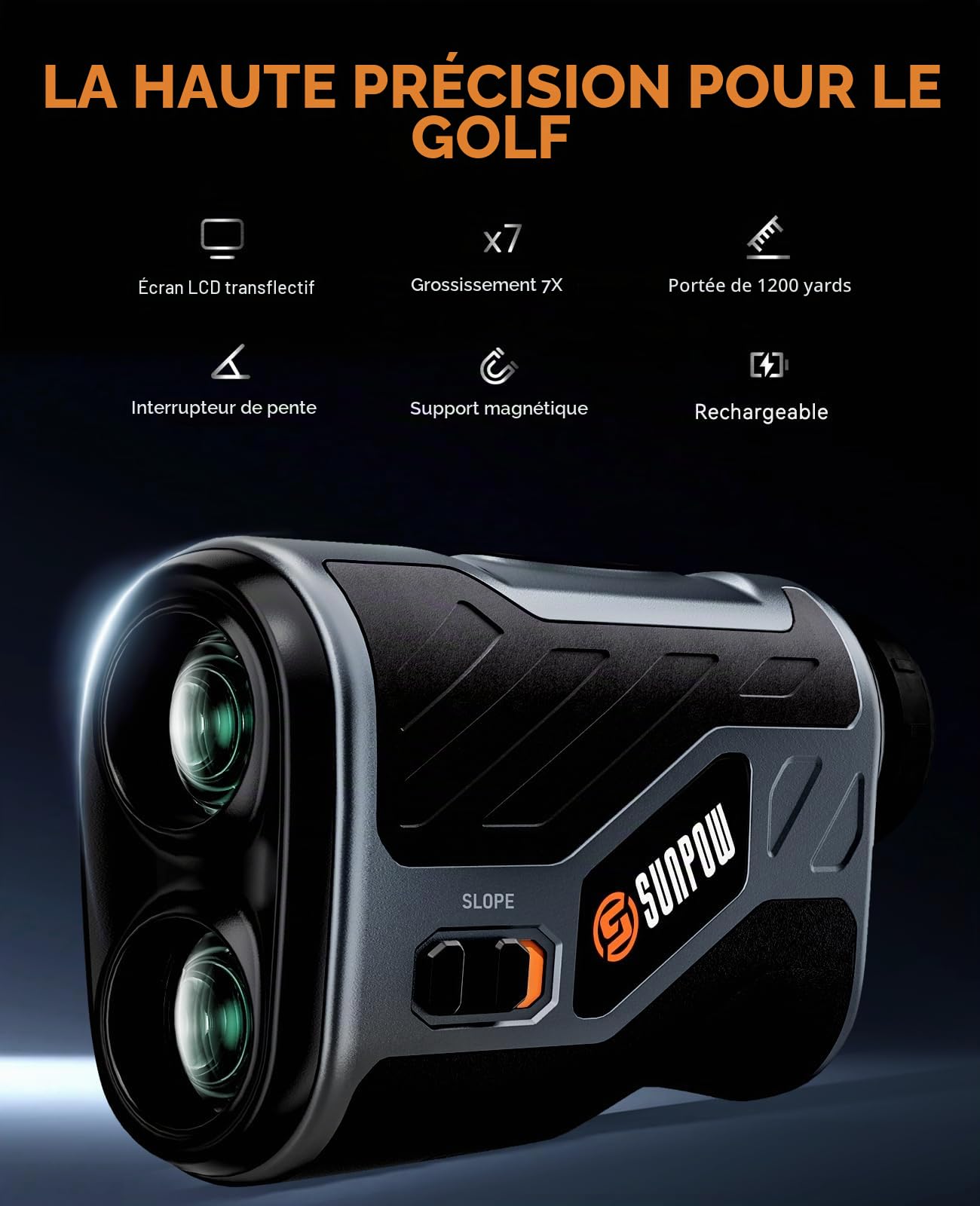 SUNPOW Télémètre de Golf avec Compensation de Pente, Laser Haute Précision, Portée 1200 Yards, Grossissement 7X, Verrouillage de Drapeau Vibration, Rechargeable, Bande Magnétique.