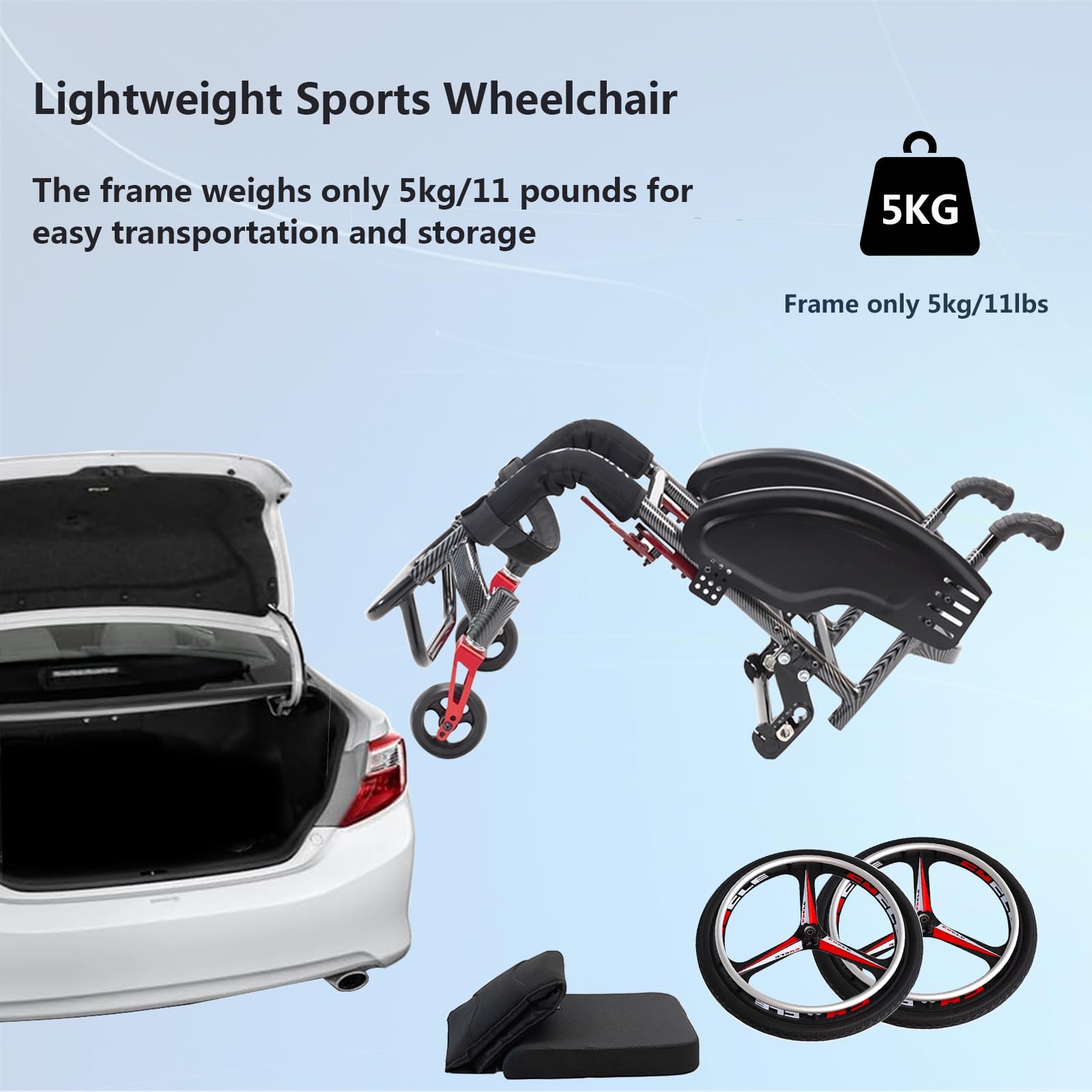 Ultralekkie wózki inwalidzkie z własnym napędem, sportowy wózek inwalidzki, lekki, aluminiowy wózek podróżny, dla dorosłych (43 cm, kolor czarny)