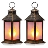 2 Pcs 8.4'' Vintage Lanterns LED Indoor Lanterns Decorative Small Lamp Flame Effect Retro Battery Operated Candles for Ramadan Decoration Outdoor Hanging Patio Garden Yard Porch Decor(Bronze)
