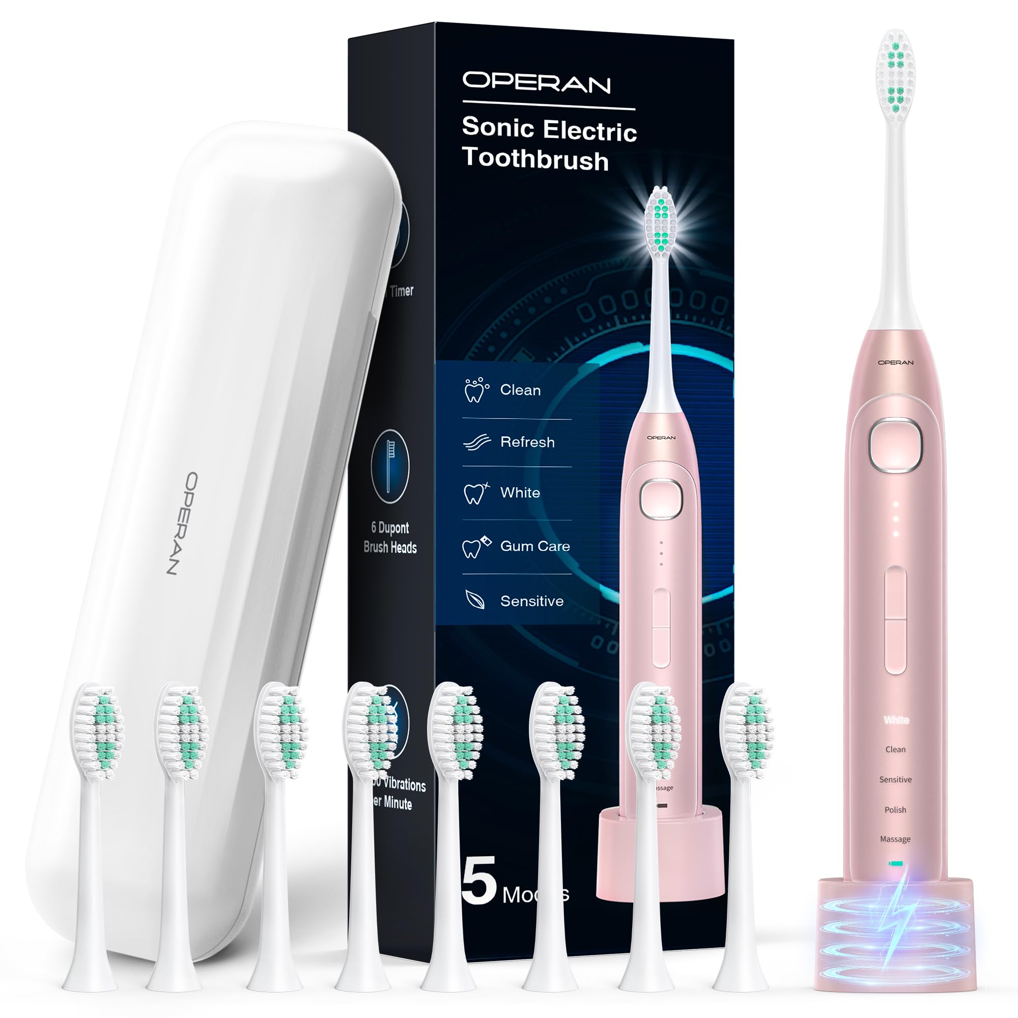 Operan Electric Toothbrush for Adults and Kids Rechargeable Sonic Toothbrush with 5 Modes 2-Min Smart Timer IPX7 Waterproof 40,000 VPM Motor with 8 Brush Heads & Travel Case (Pink, 1Pack)
