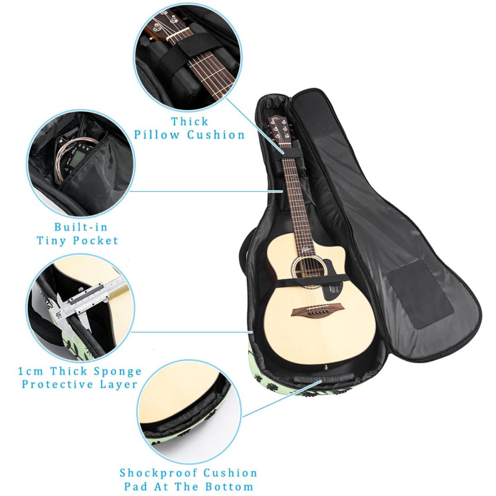 Flowers Leaves and Branches on Sage Green Background Acoustic Guitar Gig Bag, 1 cm Thick Padding Waterproof Guitar Case Backpack with Dual Adjustable Shoulder Strap for 40-42 Inch Guitar