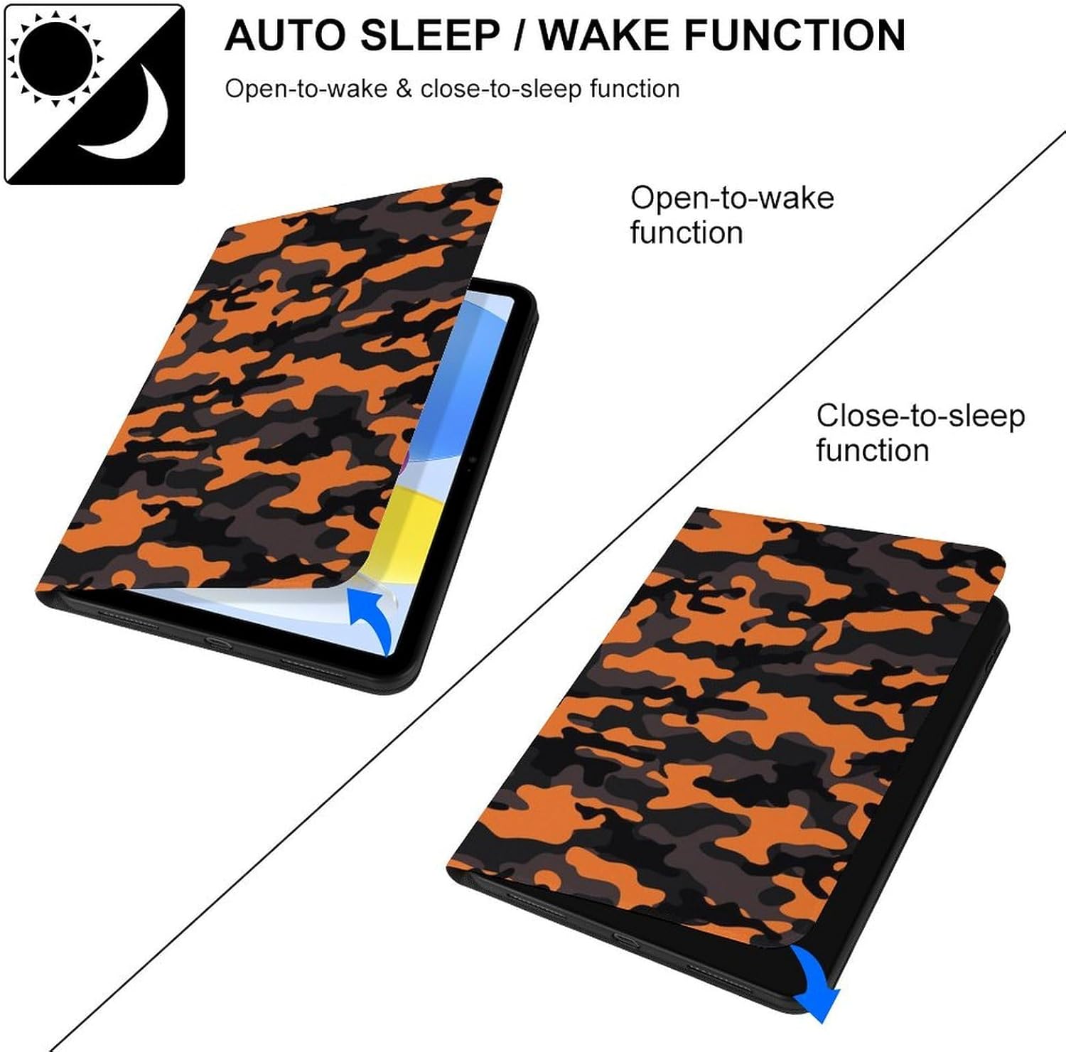 Compatible with iPad A16 Case 11 Inch 2025, Orange Black Camouflage Print Compatible with iPad 10th Generation Case 10.9 Inch 2022, Slim Tablet Cover for I Pad with Stand Auto Wake/Sleep