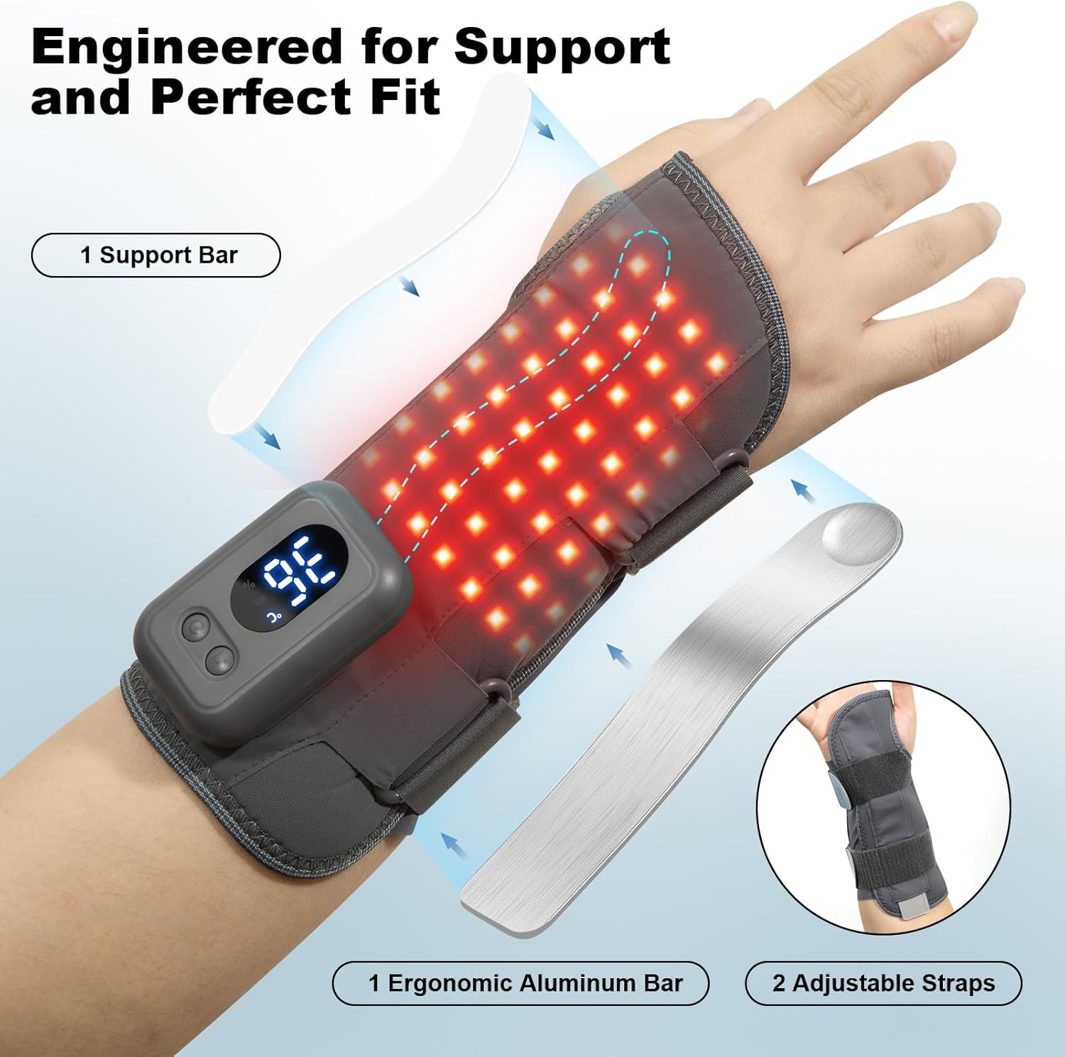 Red Light Therapy Wrist Brace, Infrared Right Hand Red Light Therapy Device with 660nm & 850nm Red Light for Arthritis, Carpal Tunnel, Tendonitis Relief Adjustable Fit, Removal & Rechargeable Control