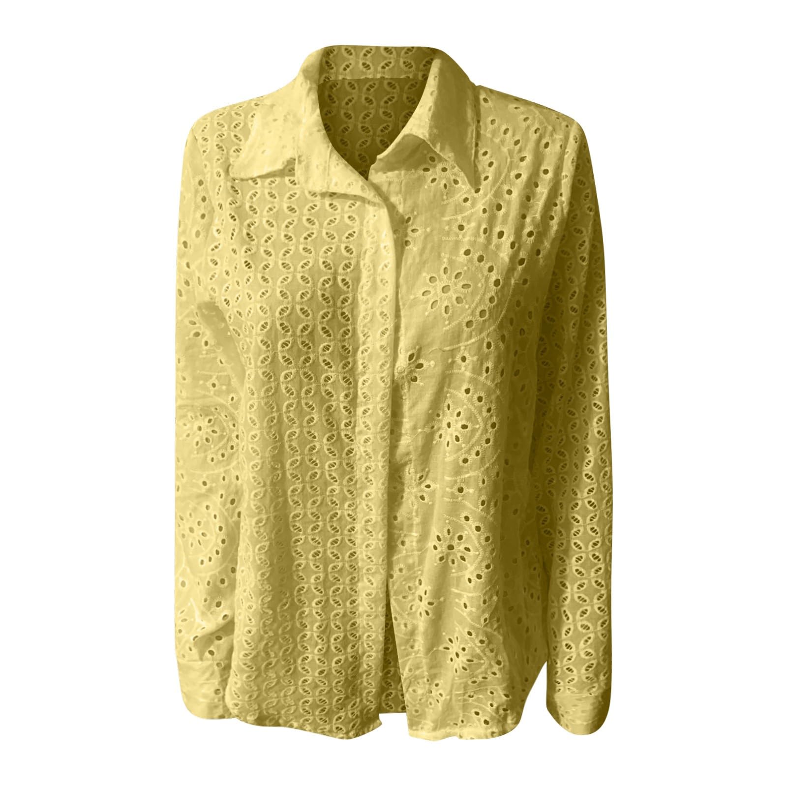 T-shirt en coton pour femme à manches longues et col en V – Chemise blanche à manches longues brodée, tunique avec détails ajourés et broderies, chemisier tendance et de classe, fermeture avant