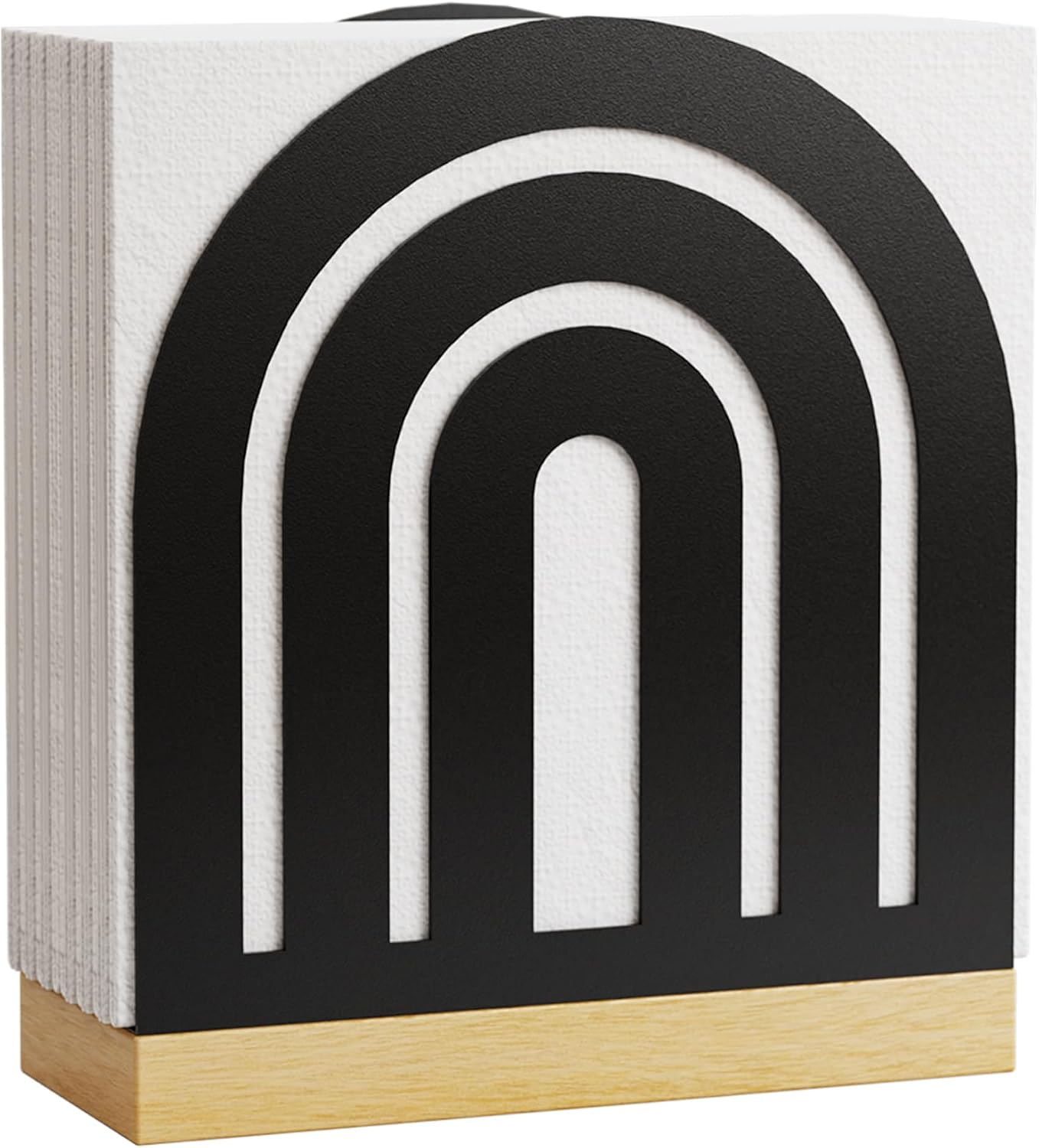 Metal Napkin Holder for Table with Wood Base, Matte Black Cocktail Napkin Dispenser, Compact Arch Round Frame Decorative Holder for Kitchen Countertop, Dining Table, Restaurant, Home.