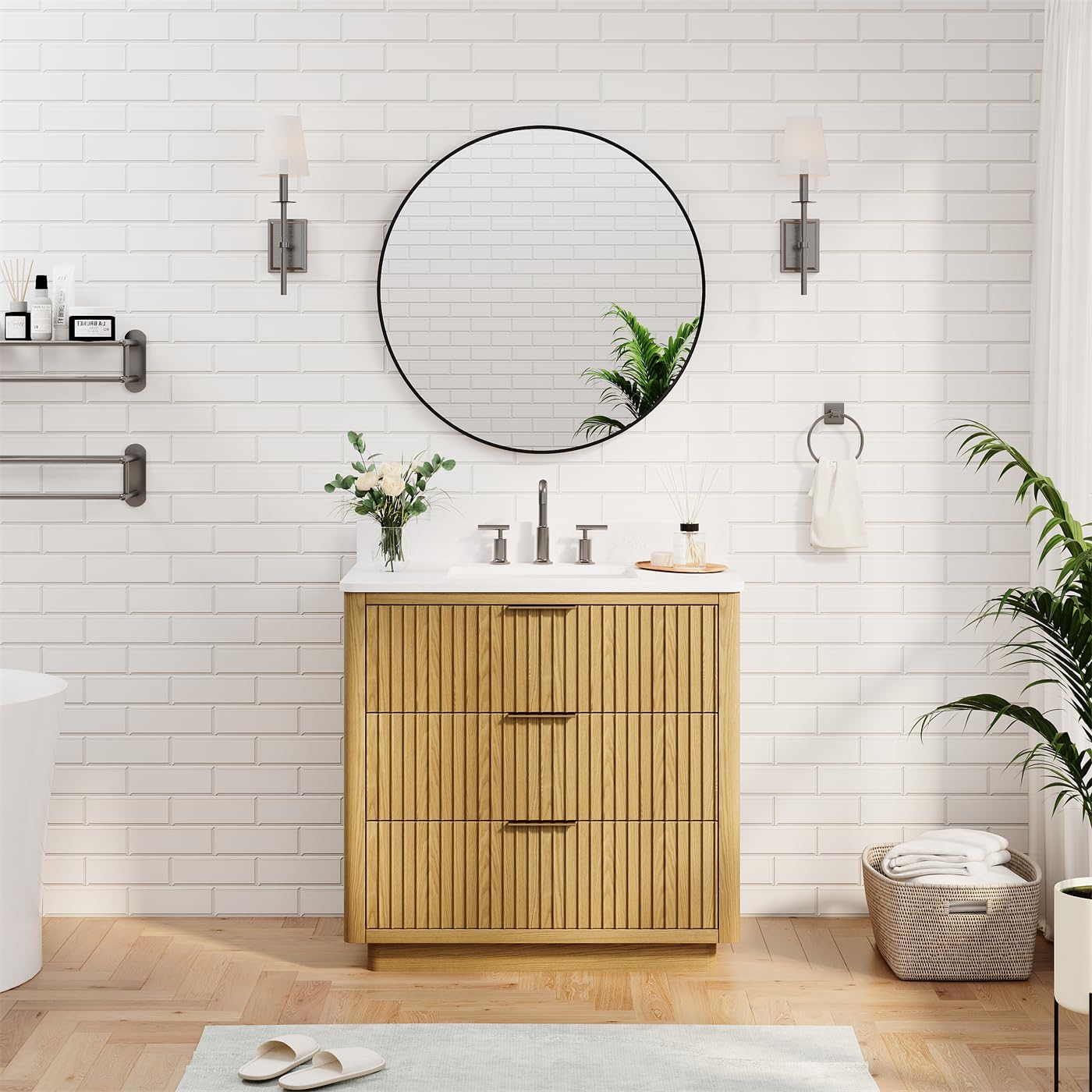 WELLFOR 32 Inch Wall Mounted Bathroom Vanity Mirror, Aluminum Framed Round Wall Mirror, Modern Rounded Mirror for Bathroom Vanity, Matte Black