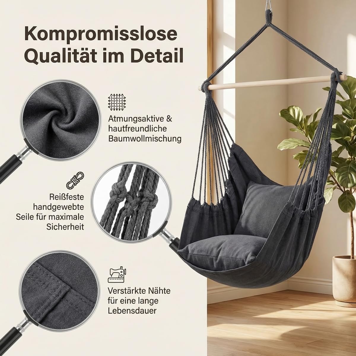 Fauteuil suspendu d'extérieur complet avec 2 coussins et accessoires de montage, fauteuil suspendu extérieur pour balcon, jardin et intérieur, confortable pour lire et se détendre GROWZELT