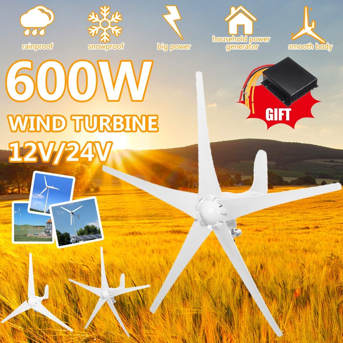 Generador de turbinas eólicas, 600W 12V / 24V5 Blades Generador de Viento Horizontal con Controlador Carga de turbinas de energía de Molino de Viento