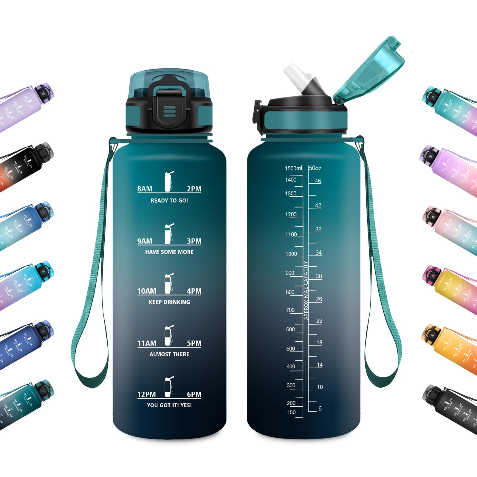 JAPORIA 1.5L Water Bottle Motivational Water Bottle with Straw, Time Indicator, Leakproof, Reusable for Gym, Camping, Work