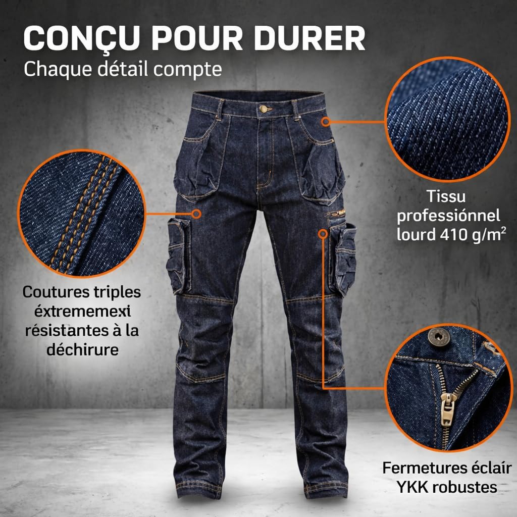 NEO TOOLS Pantalon de Travail Homme ou Ensemble Komplet vec Veste Polaire - Taille XS à 3XL- Aspect Denim Pantalon de Travail pour Hommes - Design Tendance, Cargo Pantalon de Travail Durab