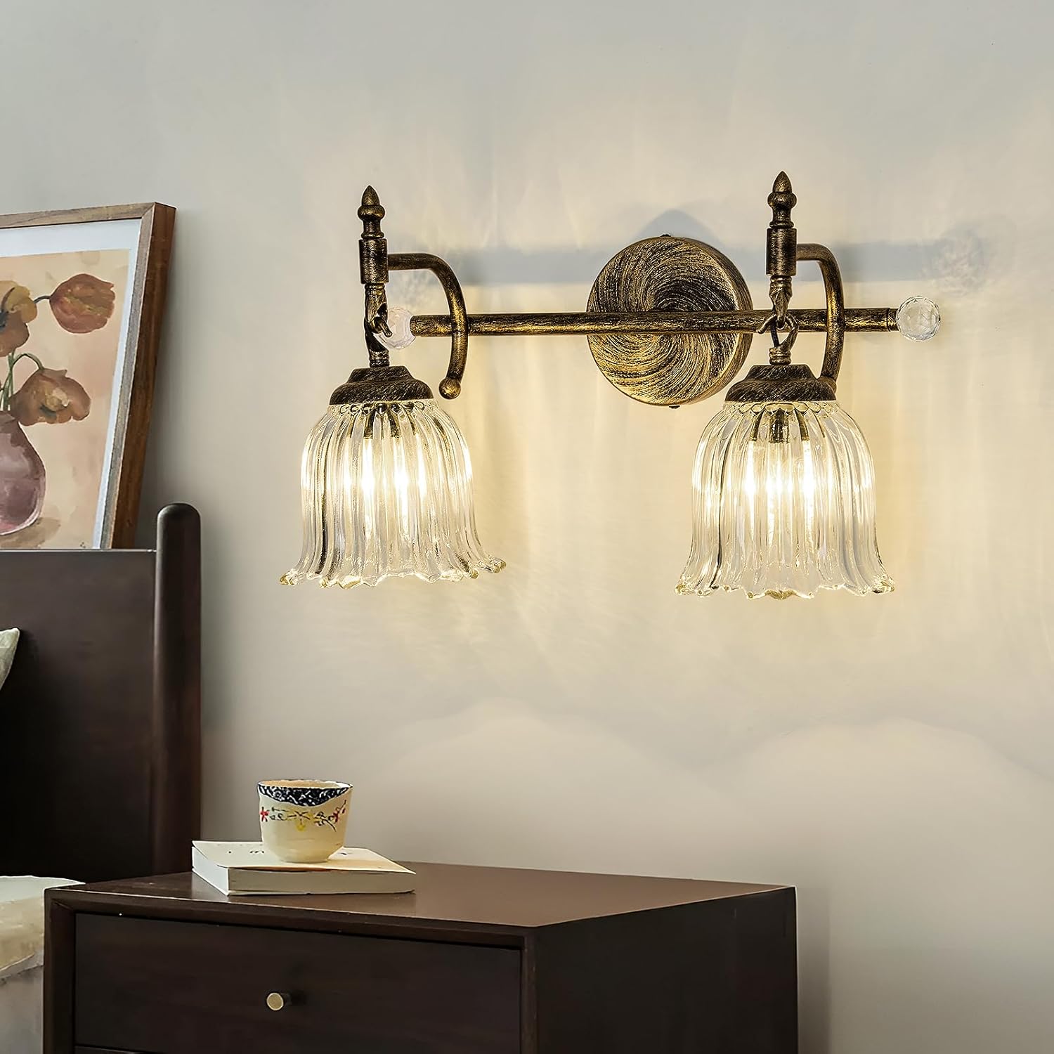 CVKASH 2-Light Bathroom Vanity Light Fixtures Over Mirror,Bronze Modern Vanity Light with Glass Shade Vintage Wall Sconce for Bedroom Dressing Room Living Room Hallway Cabinet