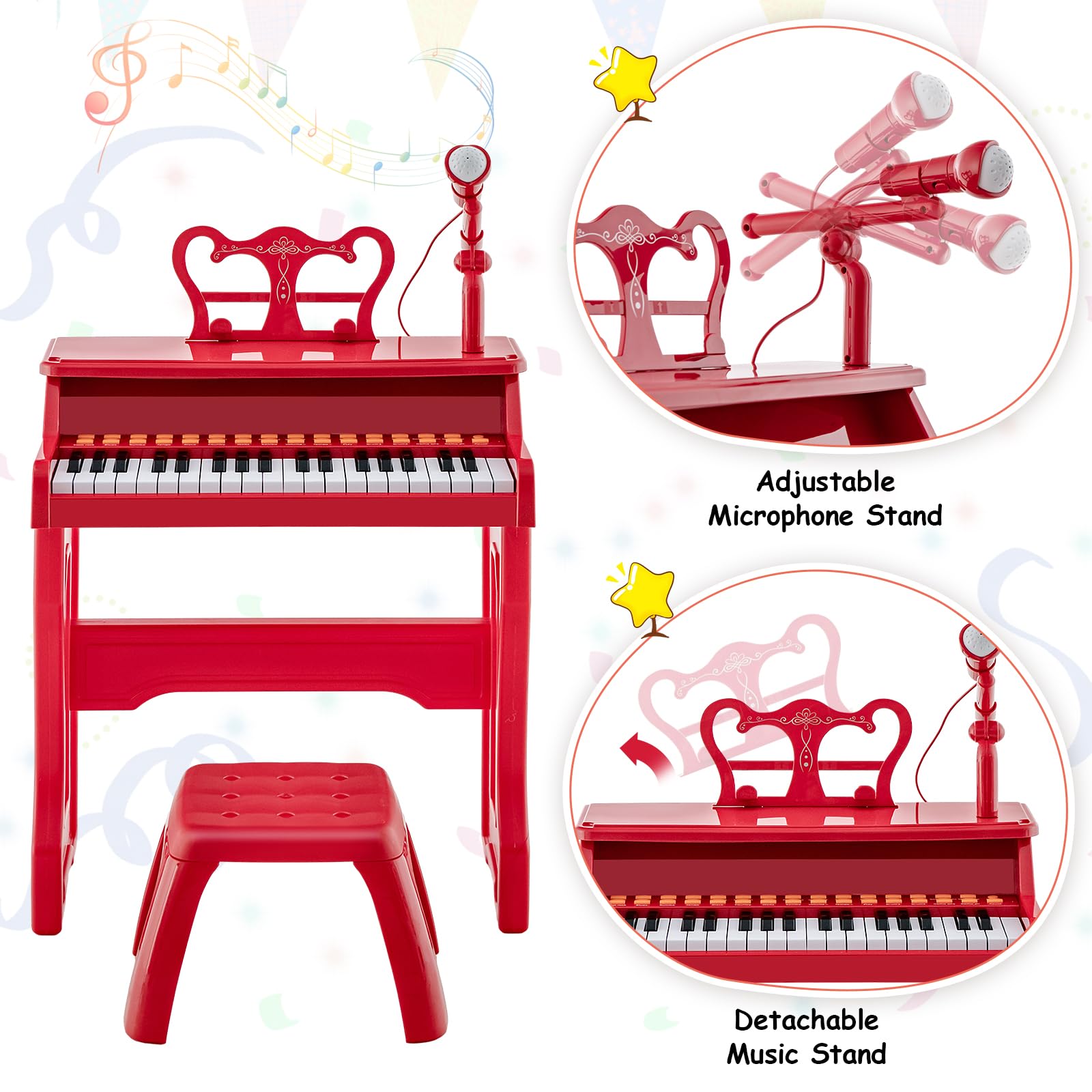KOMFOTTEU Pianola Bambini Musicale Tastiera, Tastiera Digitale a 37 Tasti, Mini Tastiera per Bambini con Effetti Luminosi e Microfono, Strumenti Musicali con Sgabello, 22 Battiti/8 Toni/8 Ritmi, Rosso