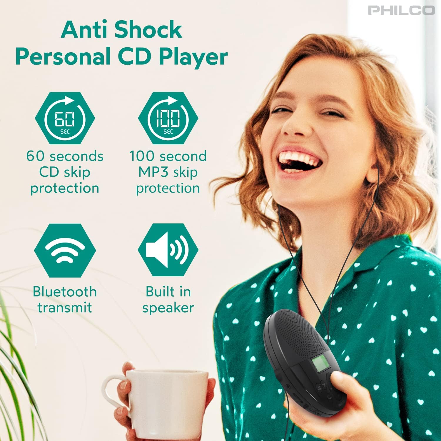 Philco Bluetooth Personal CD Player - MP3 Playback, FM Radio, 60s Anti-Shock, Built-in Speaker, Headphones Included image 2 of 8 B0C4HQCS65