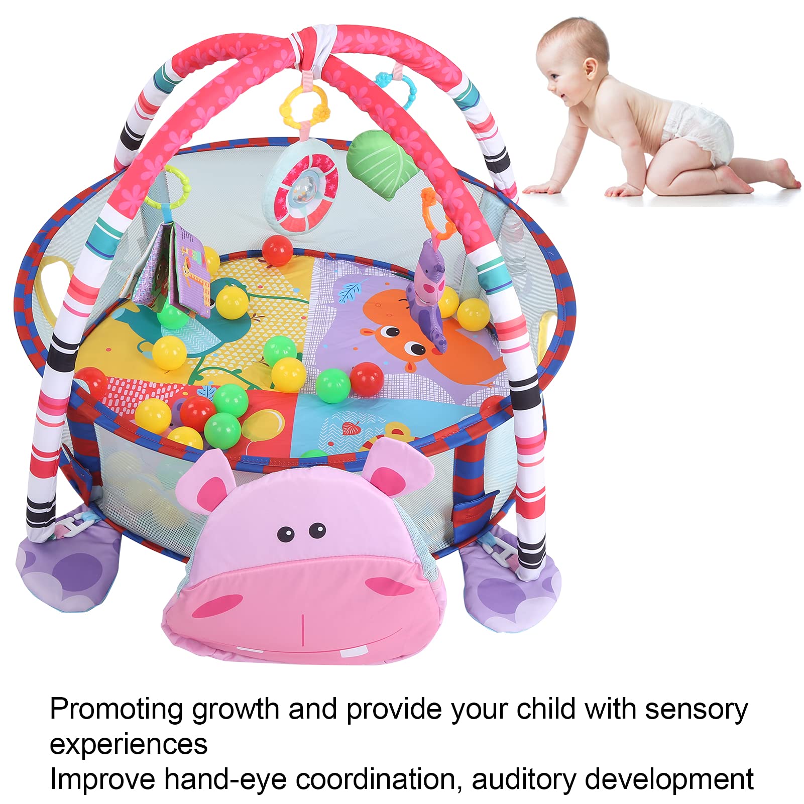 Tappetino da Gioco per Bambini 3 in 1, Struttura Fitness per Palestra, Colore Brillante, per Neonati e Bambini Piccoli, in Tessuto, 95 X 70 X 50 cm. (Ippopotamo Rosa)