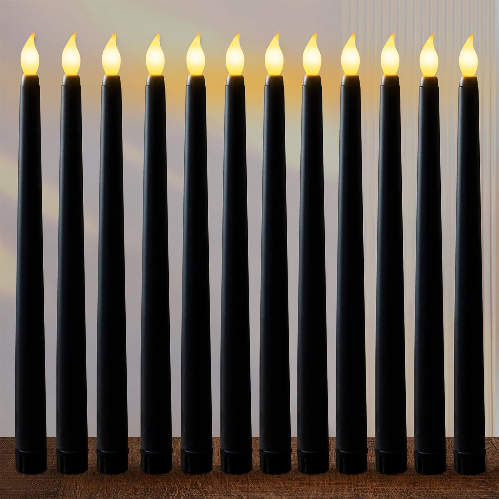 FAEFTY LED Candles Black, Pack of 12 Flameless LED Taper Candles, Battery Operated, Electric, Black ABS Plastic, 2.1 x 28 cm