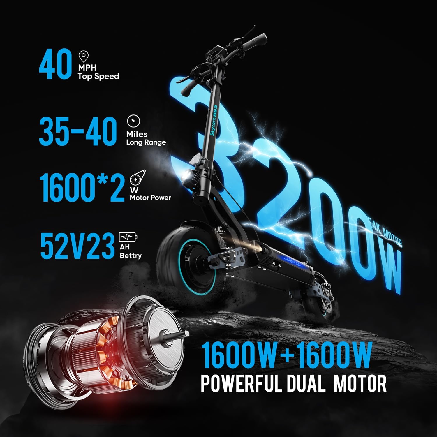 Skycore RS3/RS3 PRO/RS5 Electric Scooter Adults - Max 40/50 MPH, 3200W,Max 40/60/62 Miles Long Range, LCD Display - Scooter for Adults